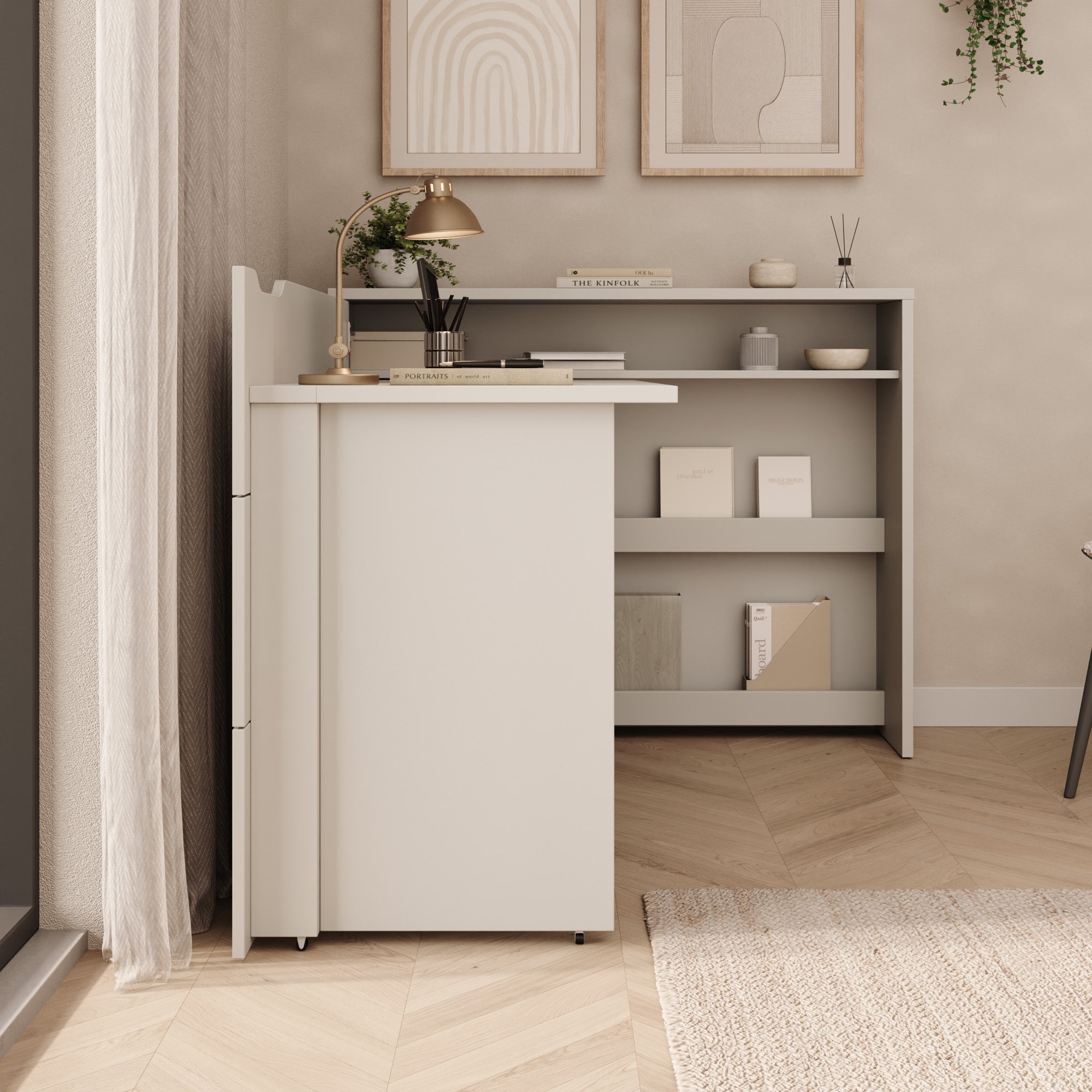 Lechi - Bureau links uitschuifbaar - Beige - 136x115x93 cm