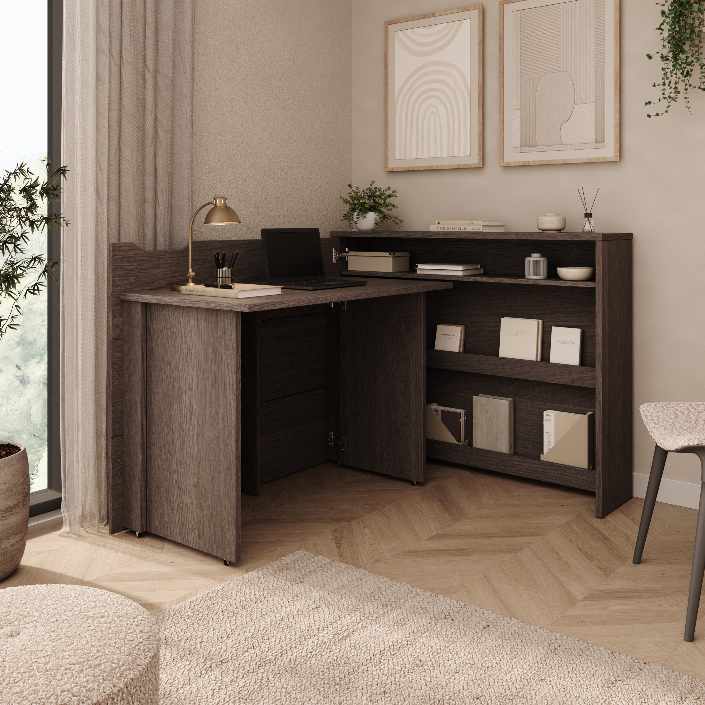Lechi - Bureau links uitschuifbaar - Walnootpatroon - 136x115x93 cm
