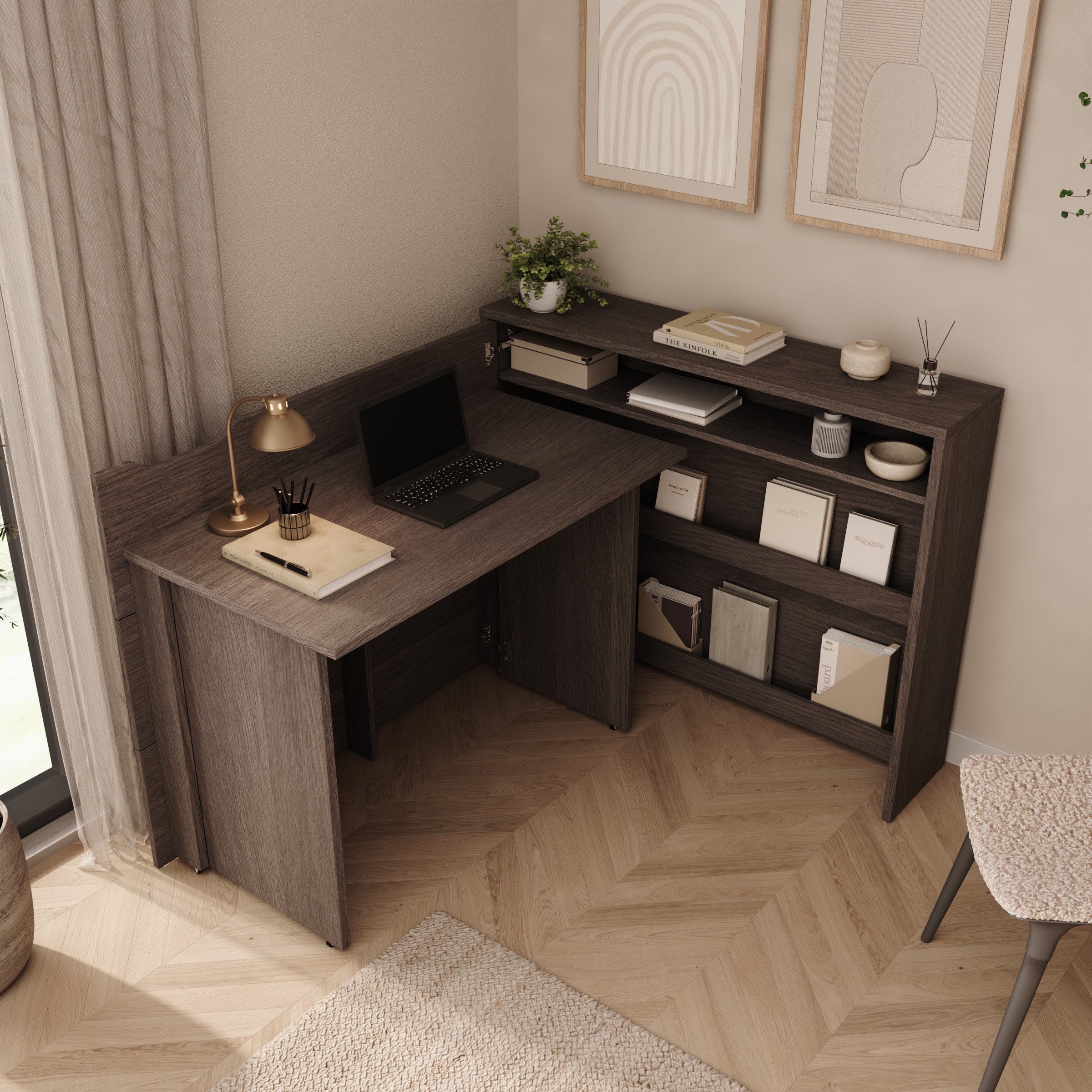 Lechi - Bureau links uitschuifbaar - Walnootpatroon - 136x115x93 cm