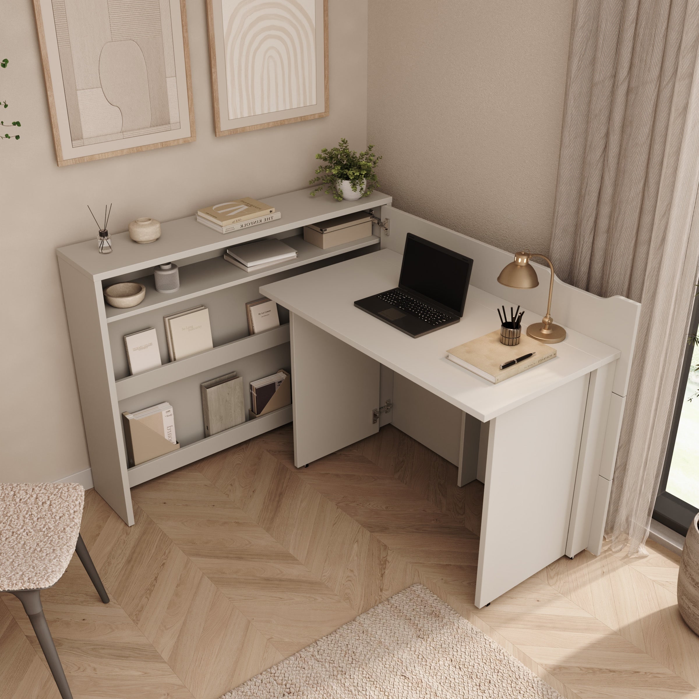 Lechi - Bureau rechts uitschuifbaar - Beige - 136x115x93 cm