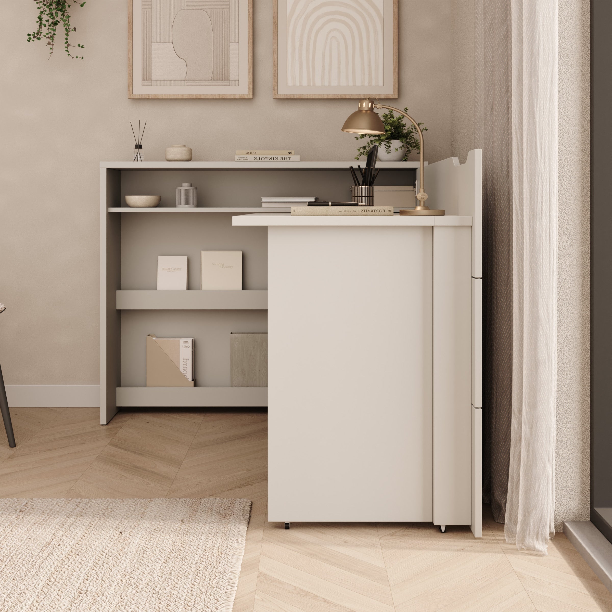 Lechi - Bureau rechts uitschuifbaar - Beige - 136x115x93 cm