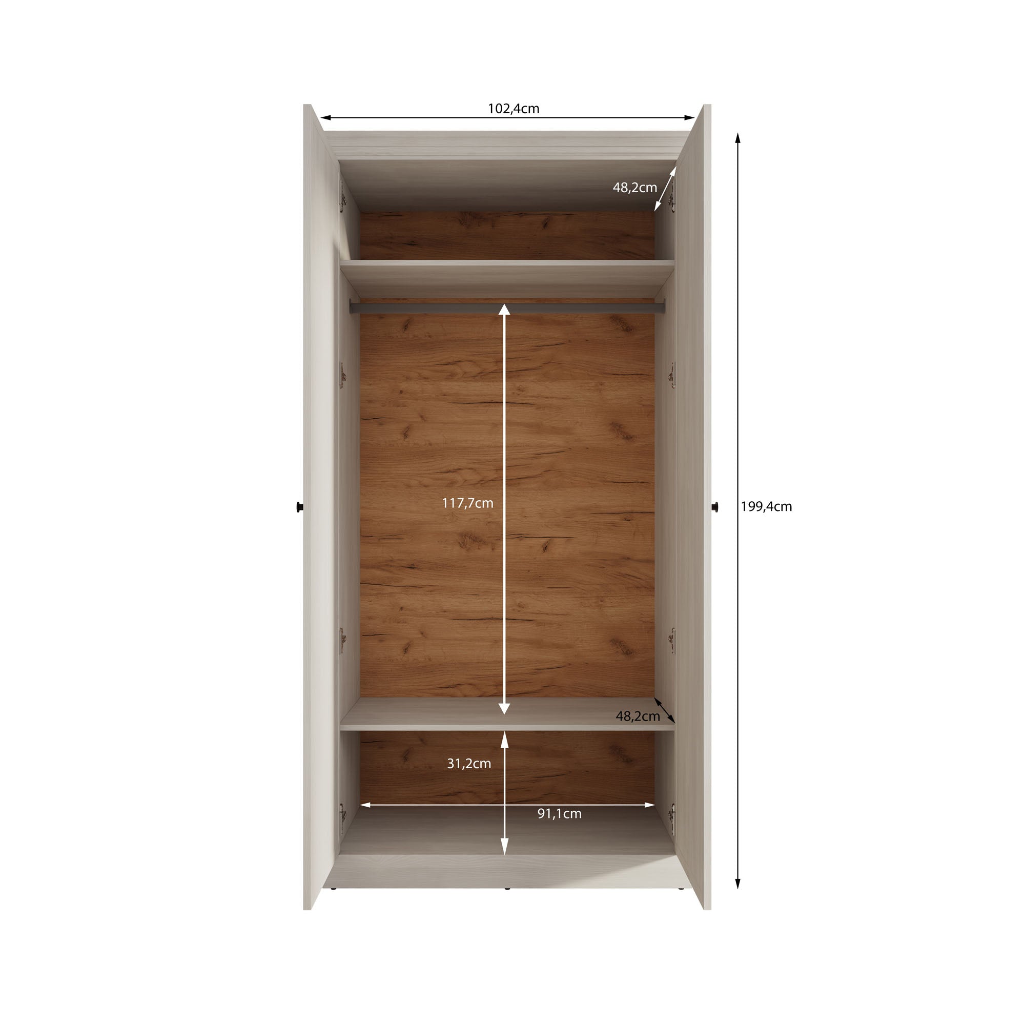 Leroy - Kledingkast 2-deurs - Zwart/eiken - 102x56x199 cm