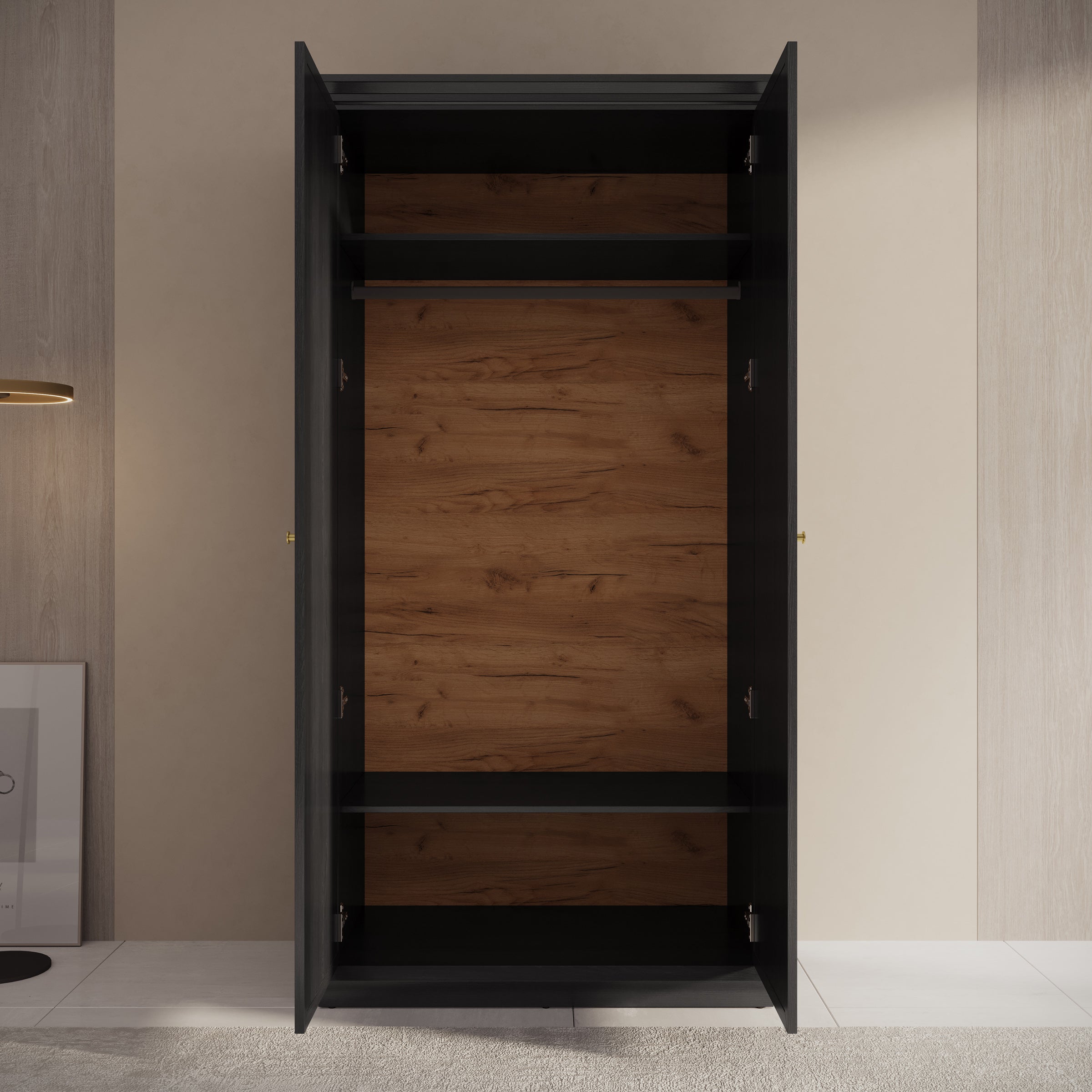 Leroy - Kledingkast 2-deurs - Zwart/eiken - 102x56x199 cm