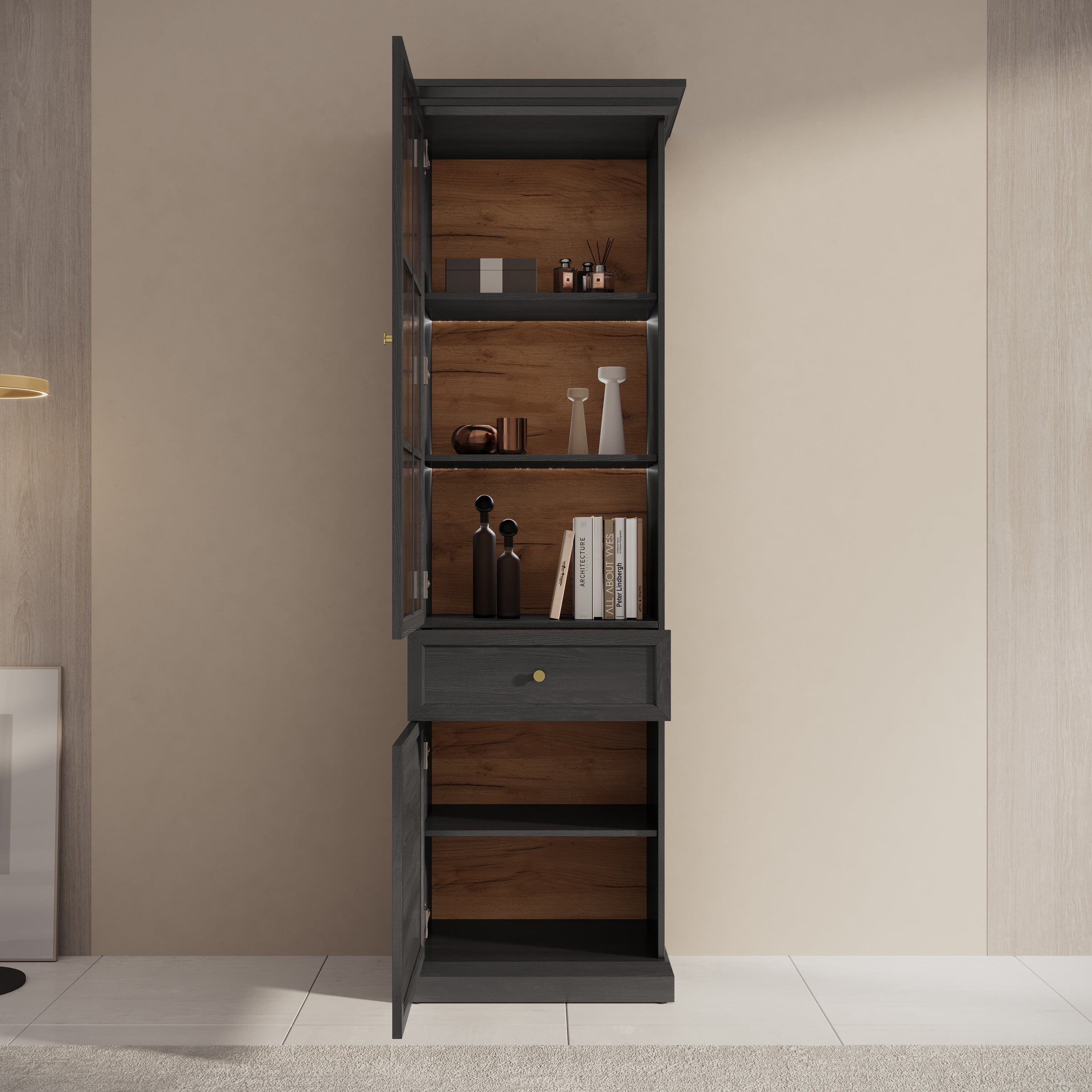 Leroy - Vitrinekast - Zwart - 63x41x199 cm