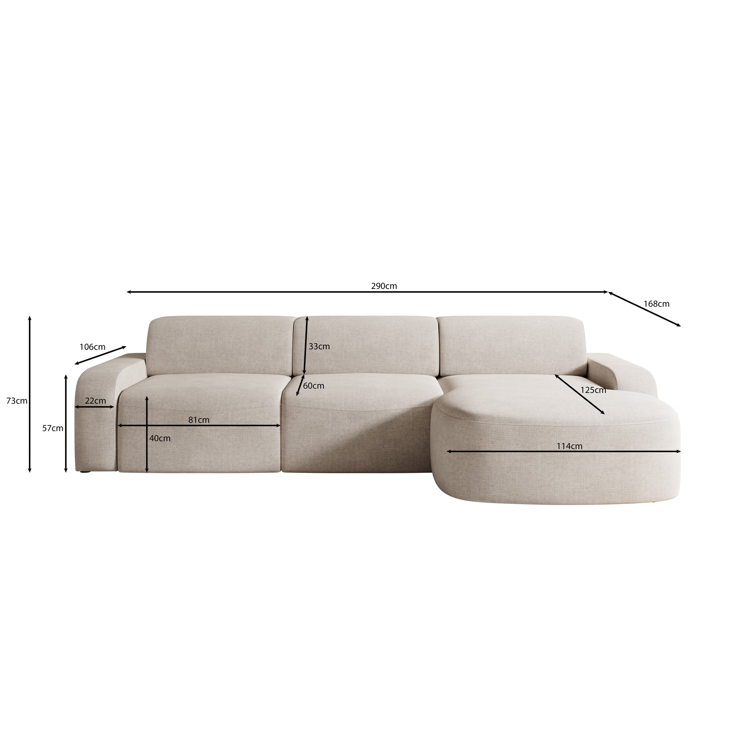 Liftado - Hoekbank 3-zits met chaise longue - Stof beige - Rechts