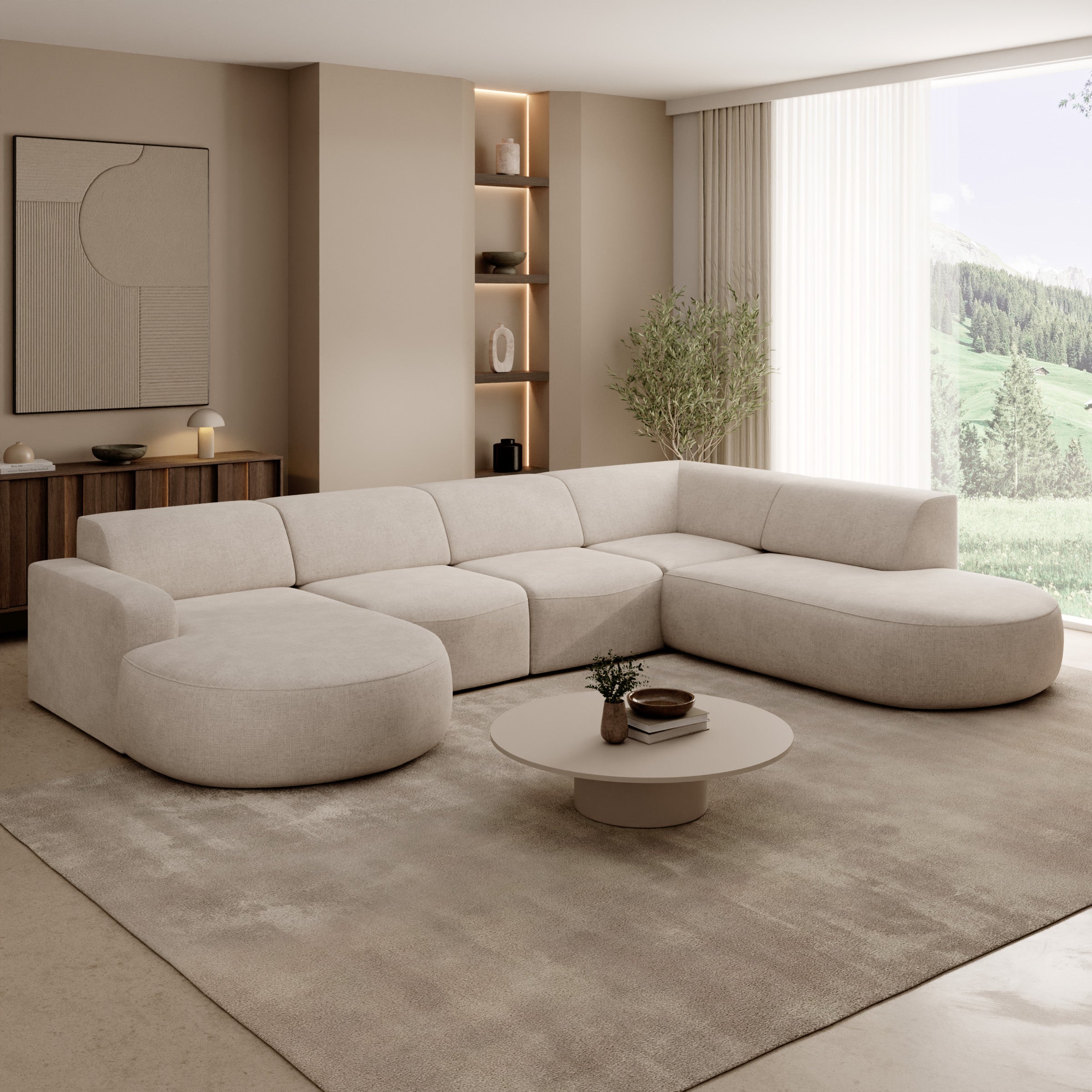 Liftado XL - Hoekbank 5-zits met chaise longue - Stof beige - Links