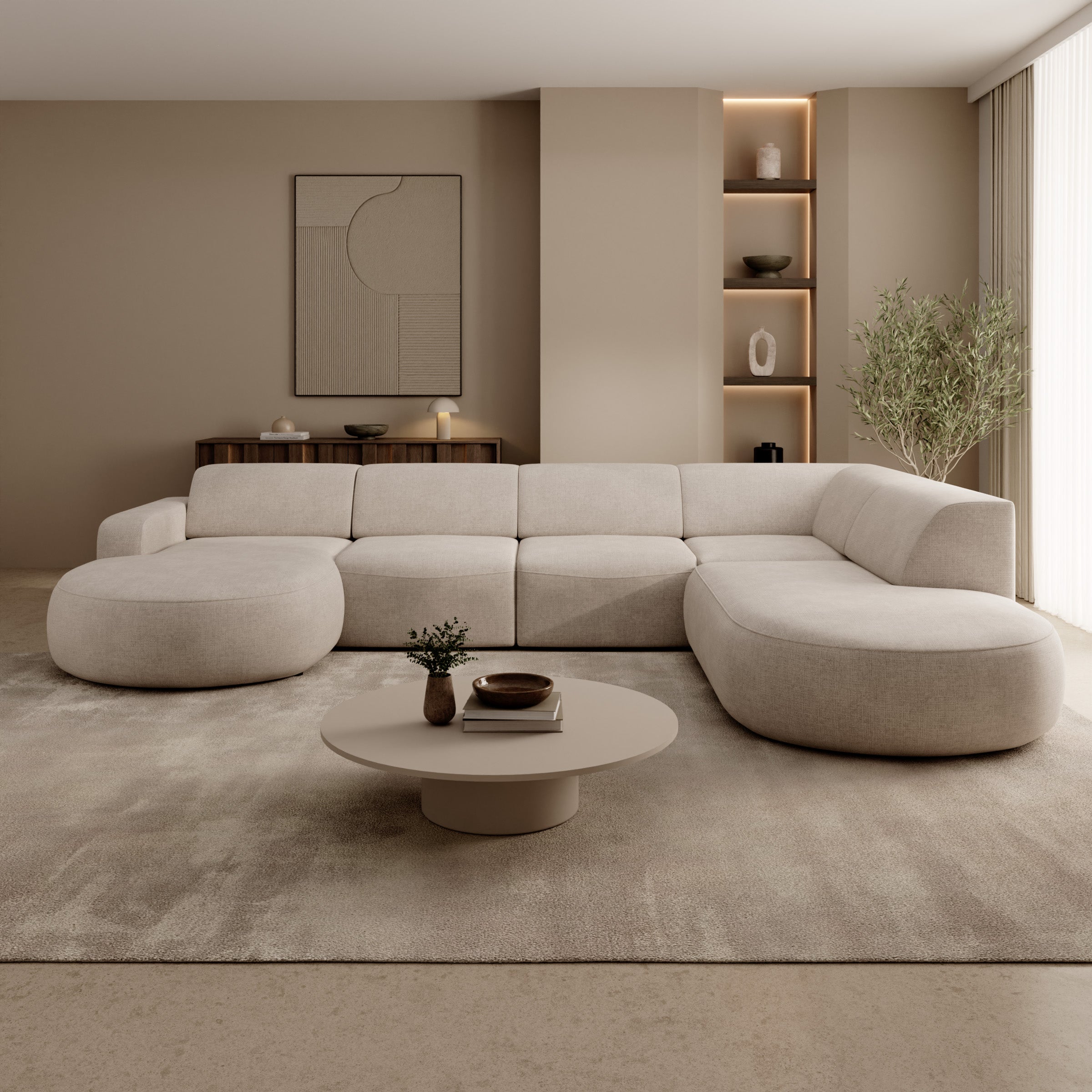 Liftado XL - Hoekbank 5-zits met chaise longue - Stof beige - Links