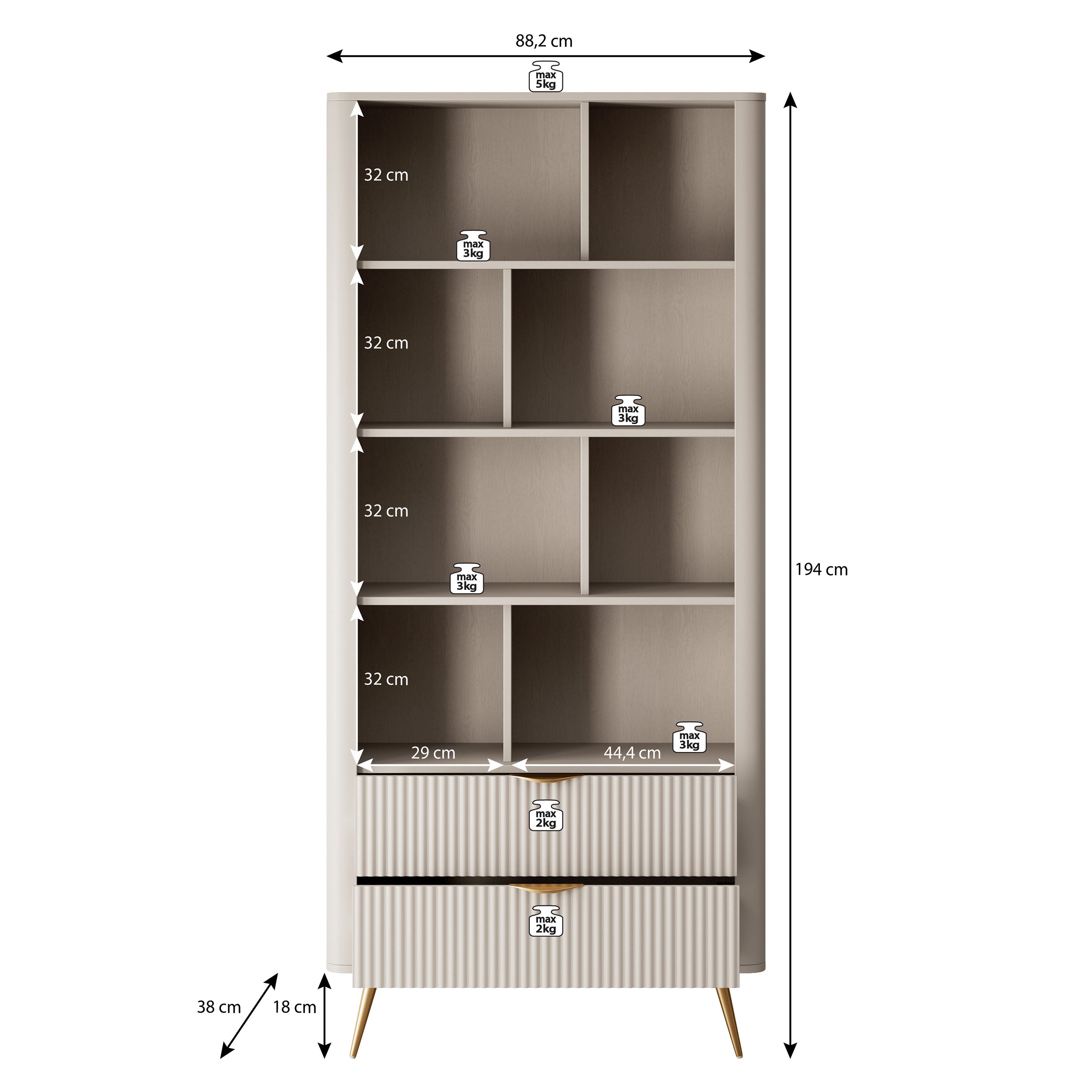 Lima - Boekenkast - Beige - 88x38x194 cm