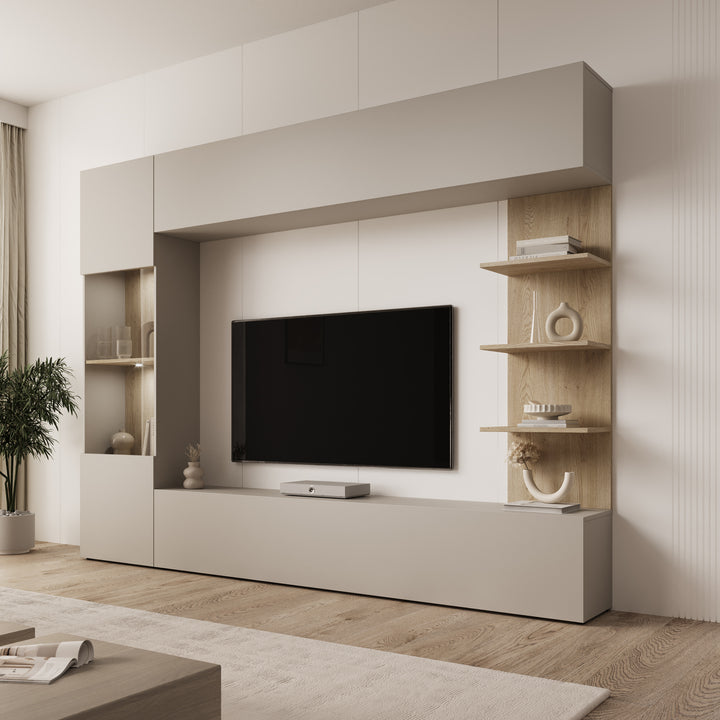 Lomezzo - Wandmeubel met verlichting - Beige/Eikenpatroon - 250x30x187 cm