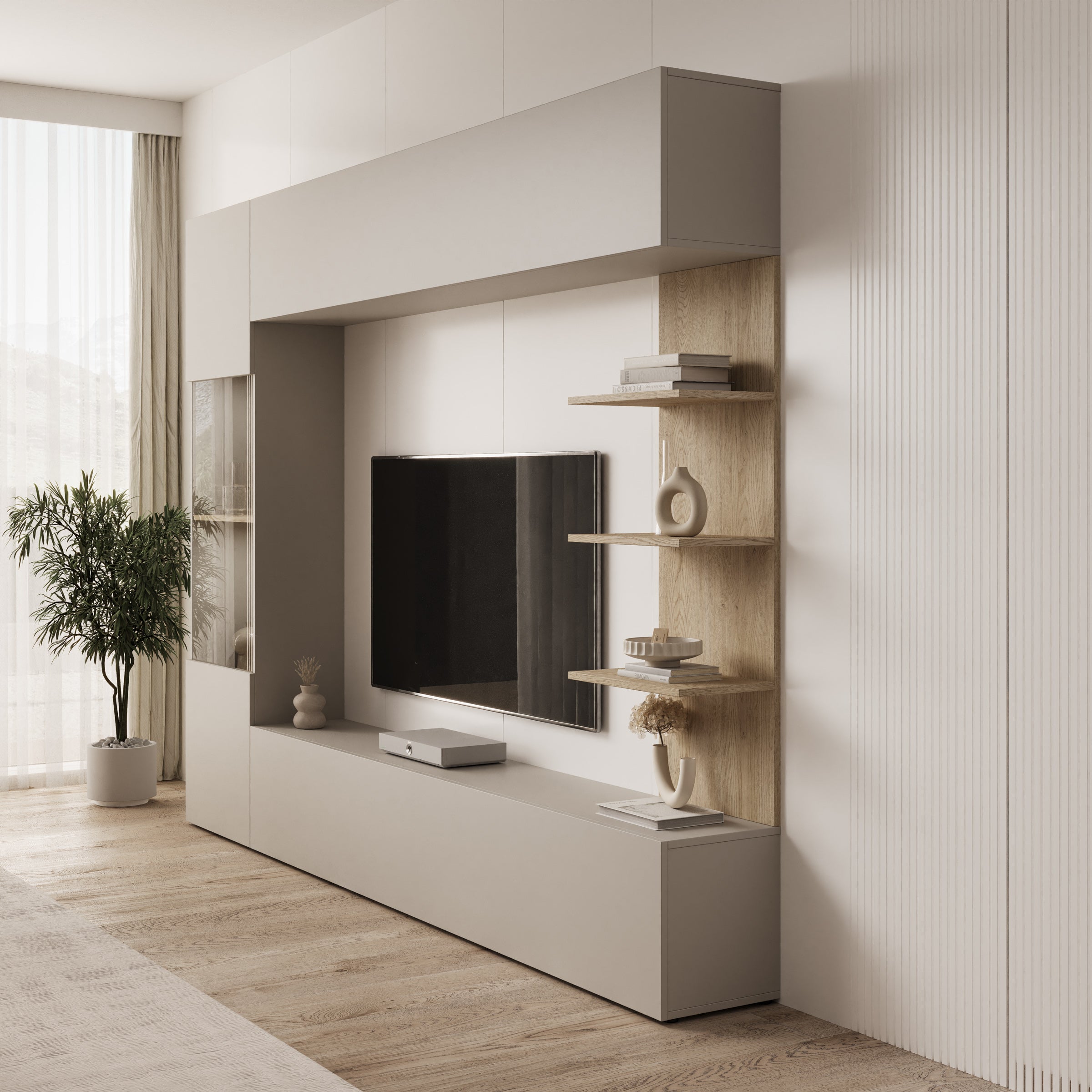 Lomezzo - Wandmeubel met verlichting - Beige/Eikenpatroon - 250x30x187 cm