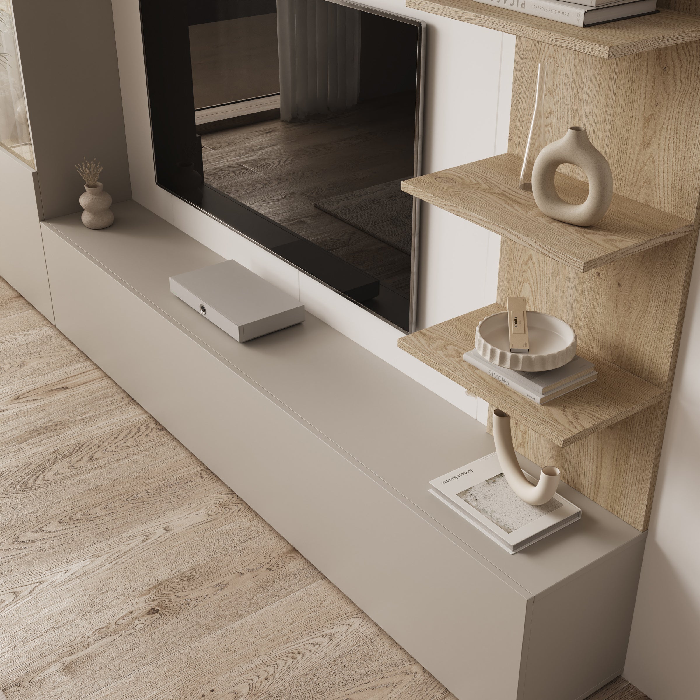 Lomezzo - Wandmeubel met verlichting - Beige/Eikenpatroon - 250x30x187 cm
