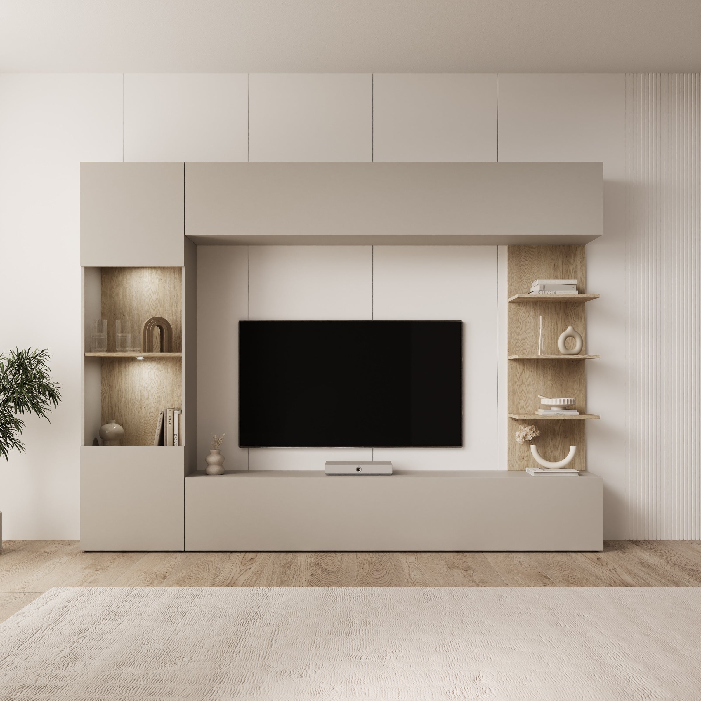 Lomezzo - Wandmeubel met verlichting - Beige/Eikenpatroon - 250x30x187 cm