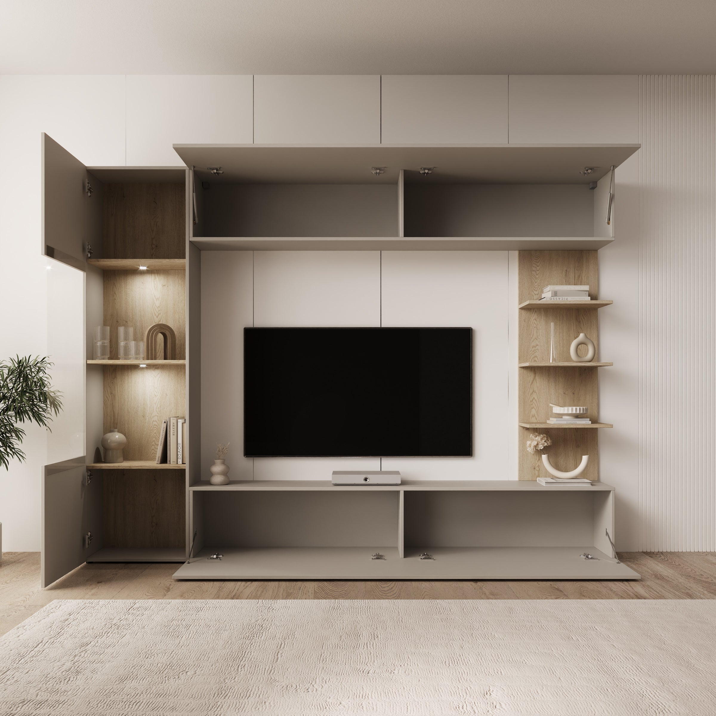 Lomezzo - Wandmeubel met verlichting - Beige/Eikenpatroon - 250x30x187 cm