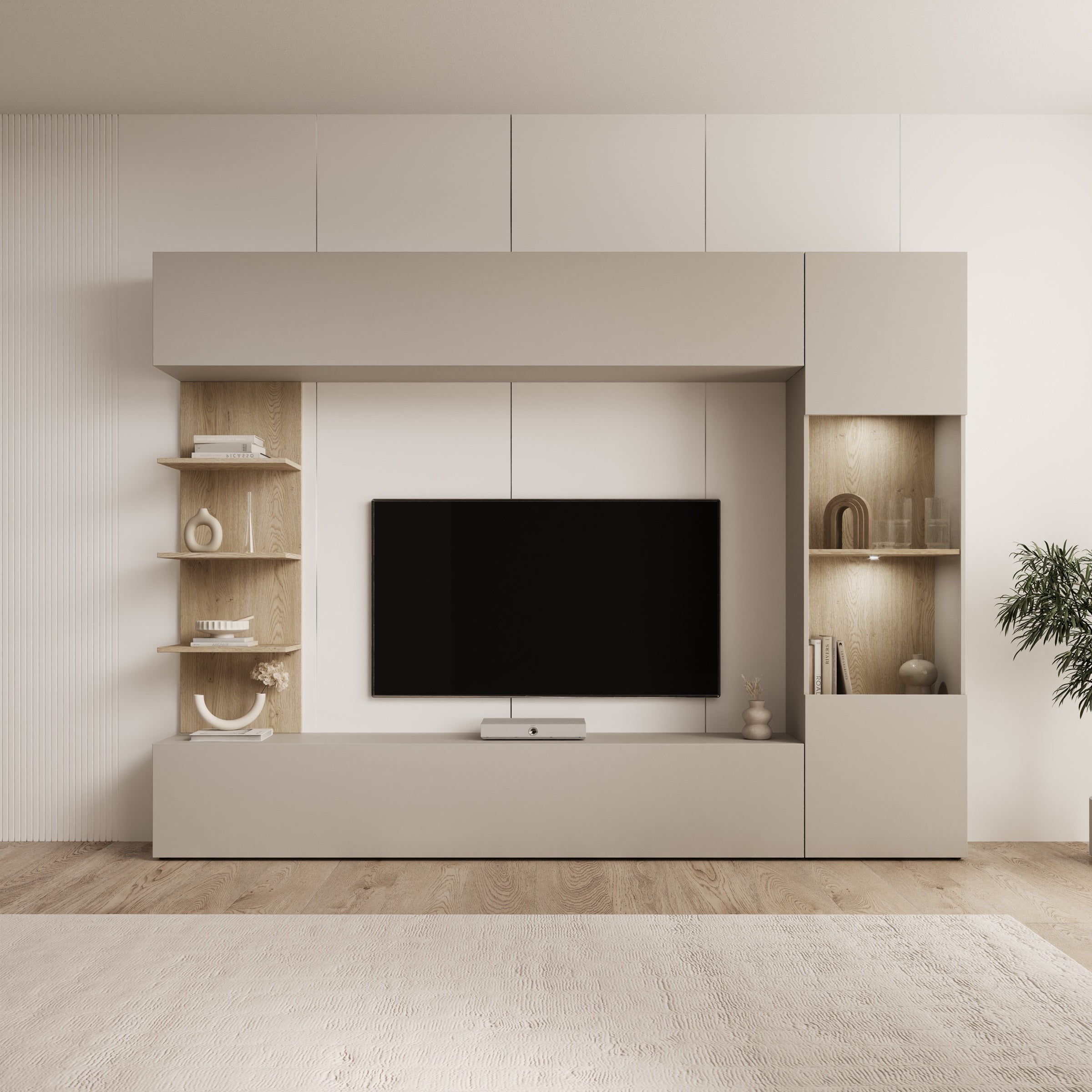 Lomezzo - Wandmeubel met verlichting - Beige/Eikenpatroon - 250x30x187 cm