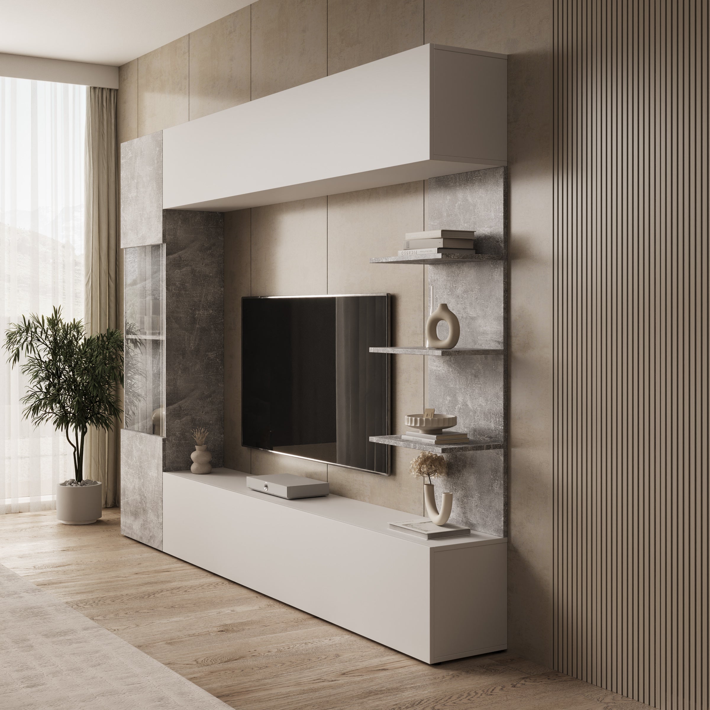 Lomezzo - Wandmeubel met verlichting - Wit/Betonlook - 250x30x187 cm
