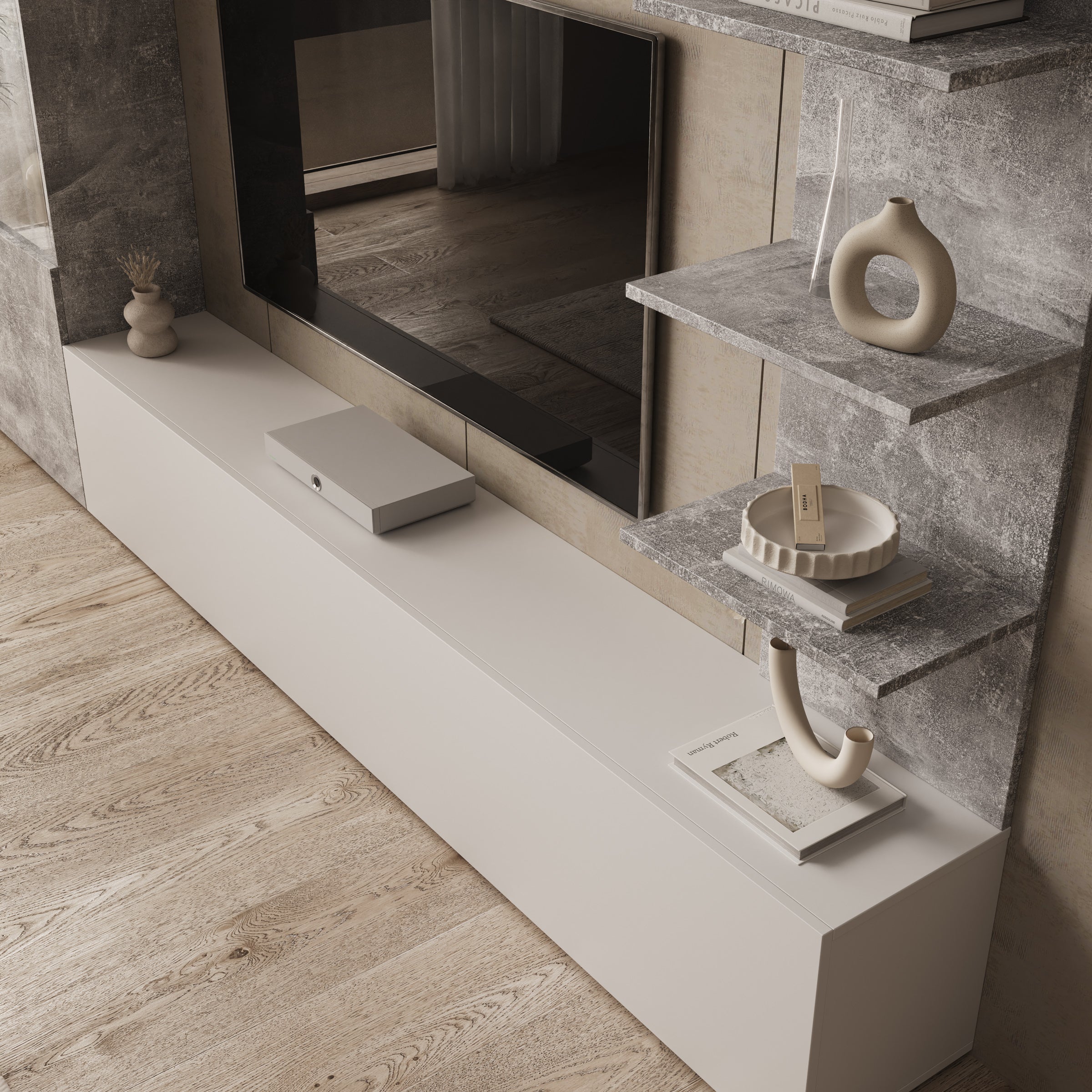 Lomezzo - Wandmeubel met verlichting - Wit/Betonlook - 250x30x187 cm