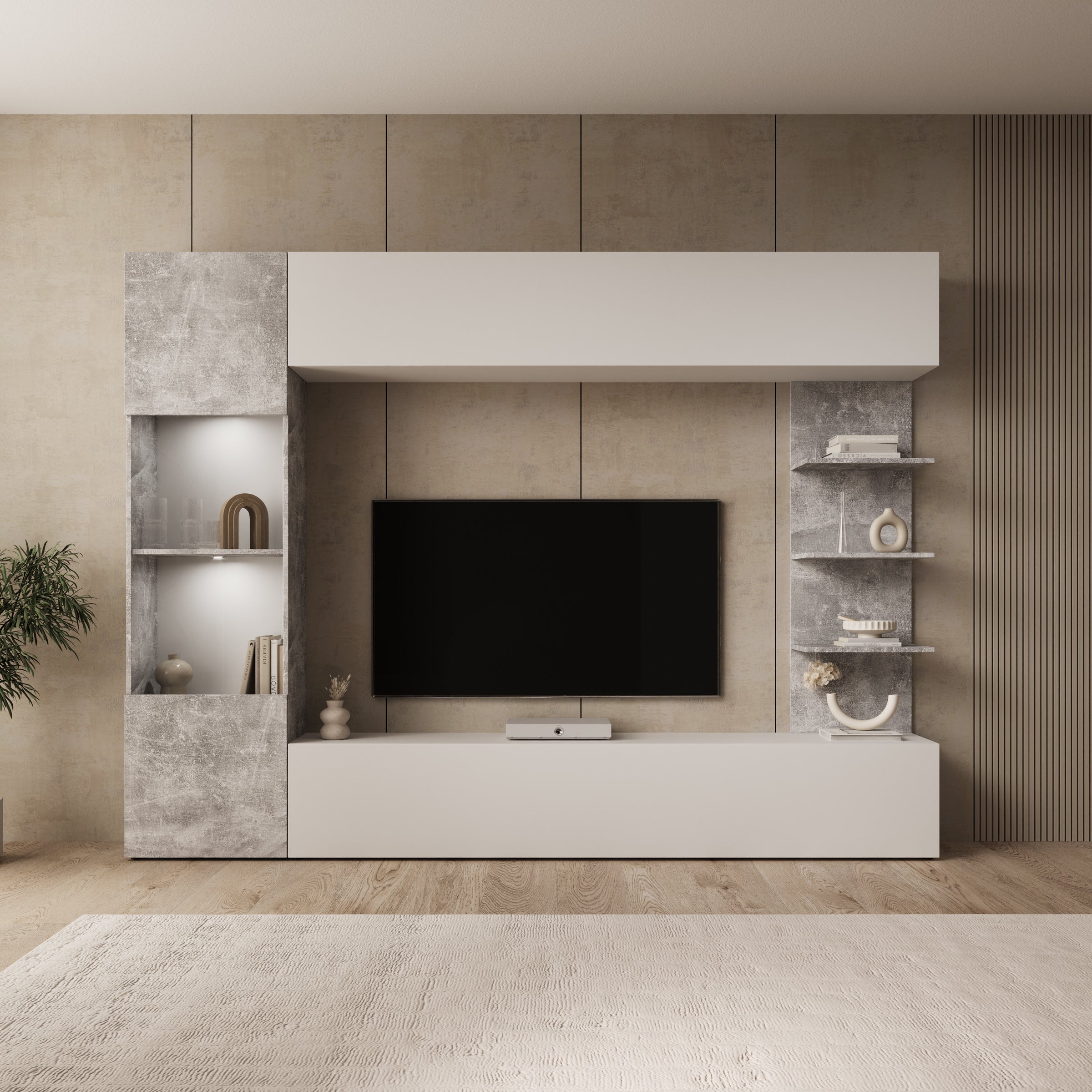 Lomezzo - Wandmeubel met verlichting - Wit/Betonlook - 250x30x187 cm