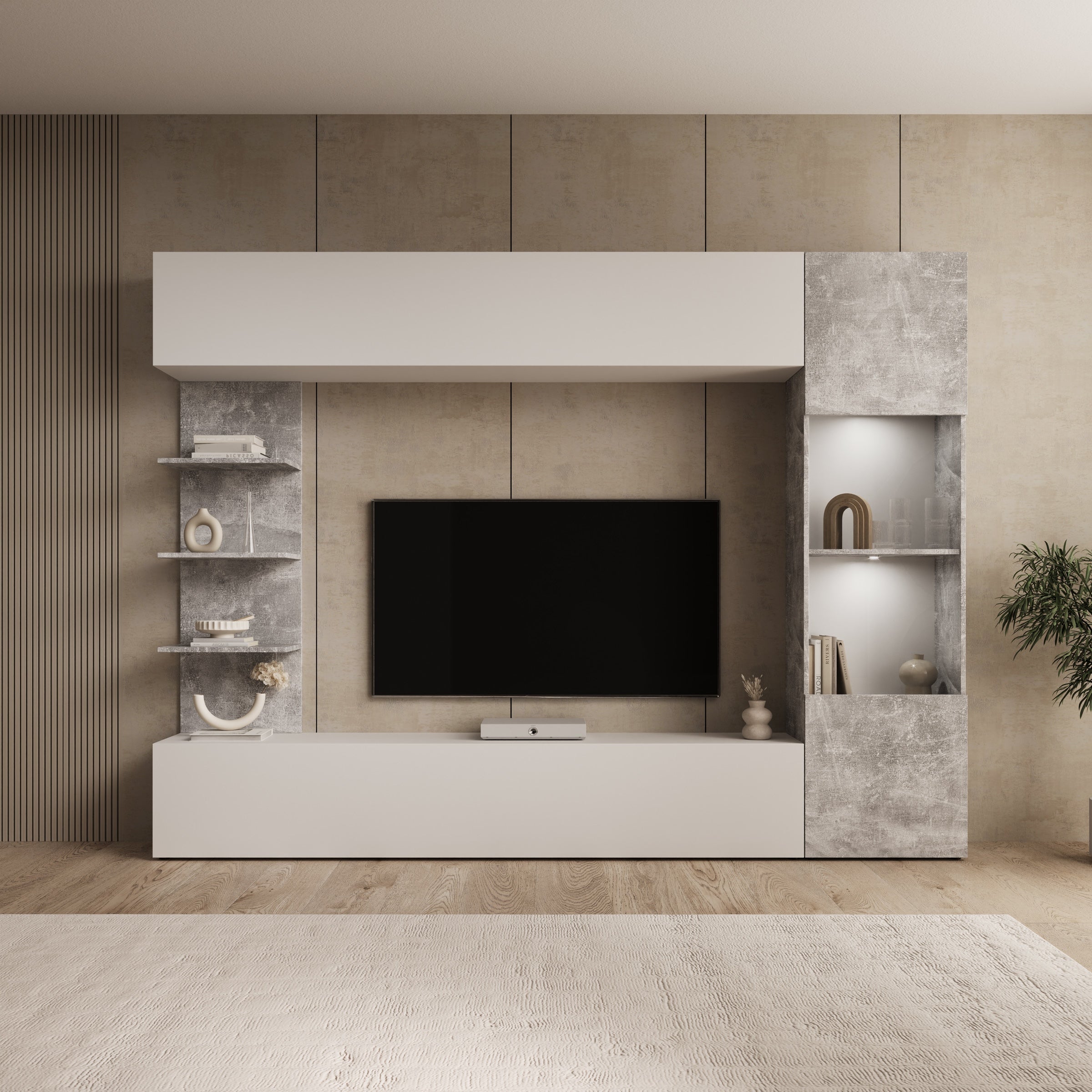 Lomezzo - Wandmeubel met verlichting - Wit/Betonlook - 250x30x187 cm