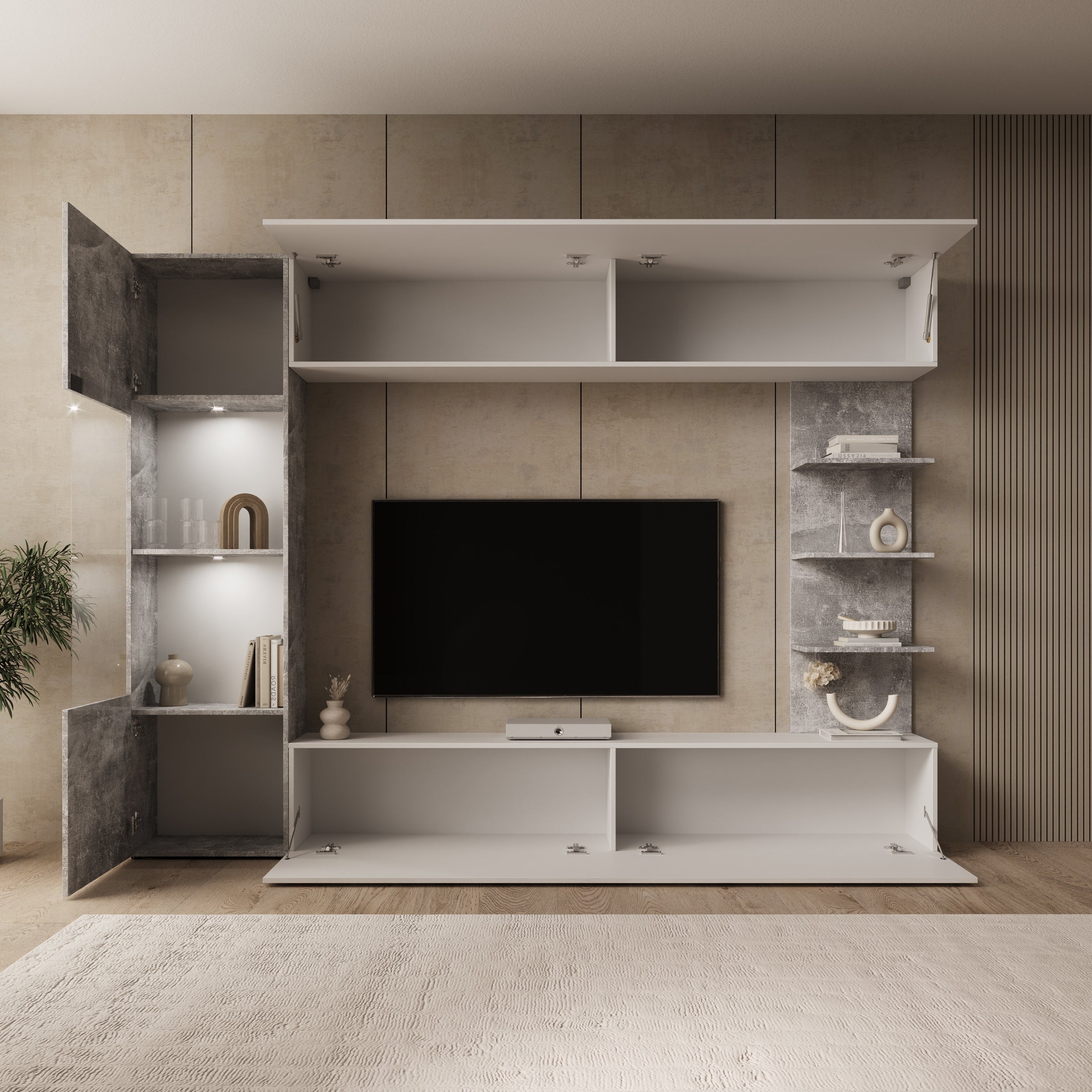 Lomezzo - Wandmeubel met verlichting - Wit/Betonlook - 250x30x187 cm