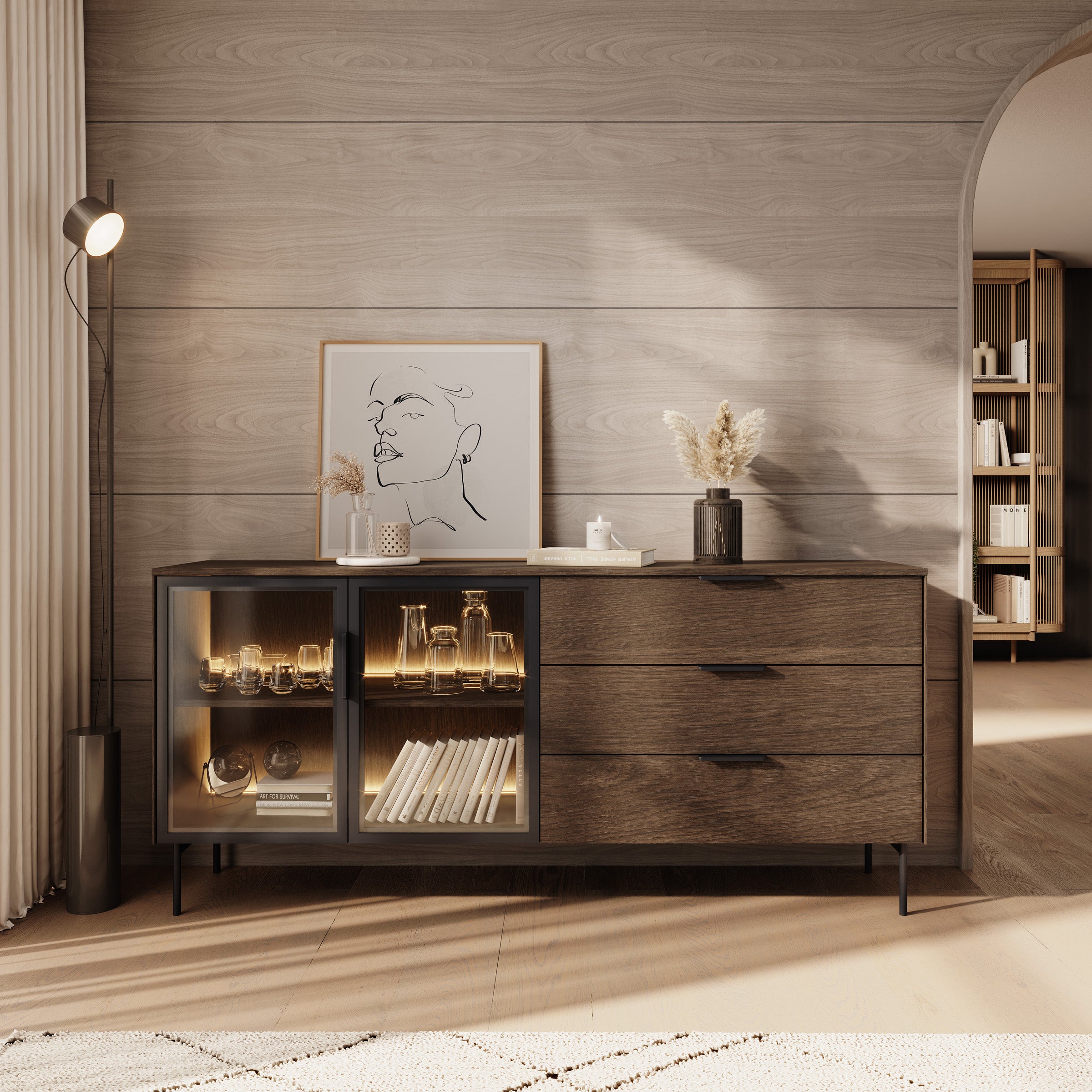 Lomo - Dressoir 3 lades - Donker eiken - 181x39x83 cm