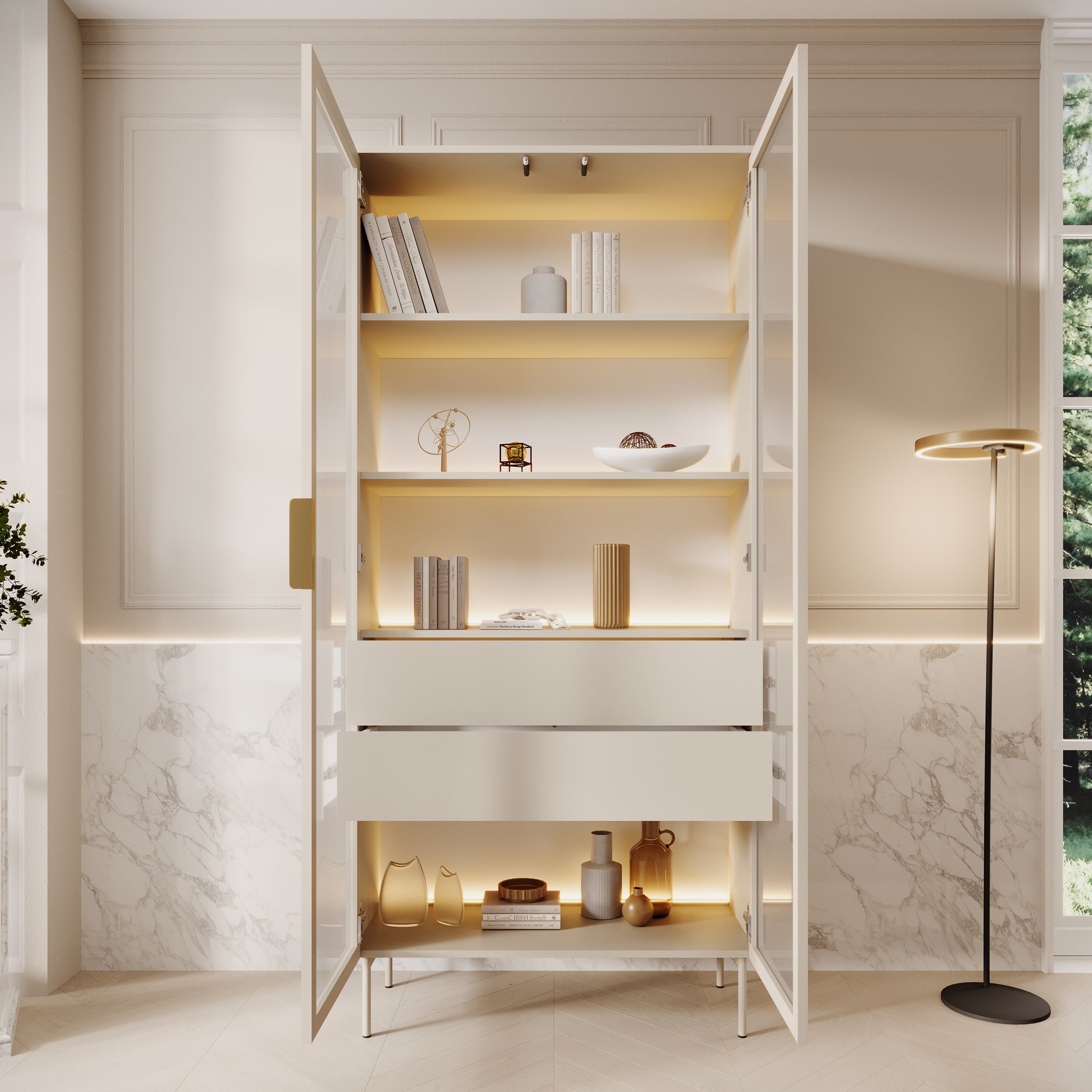 Lomo - Vitrinekast - Beige - 92x39x195 cm