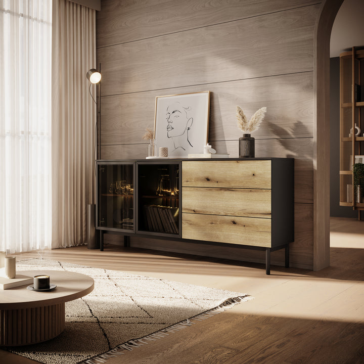 Ludwig - Dressoir - Zwart/eiken - 180x39x85 cm