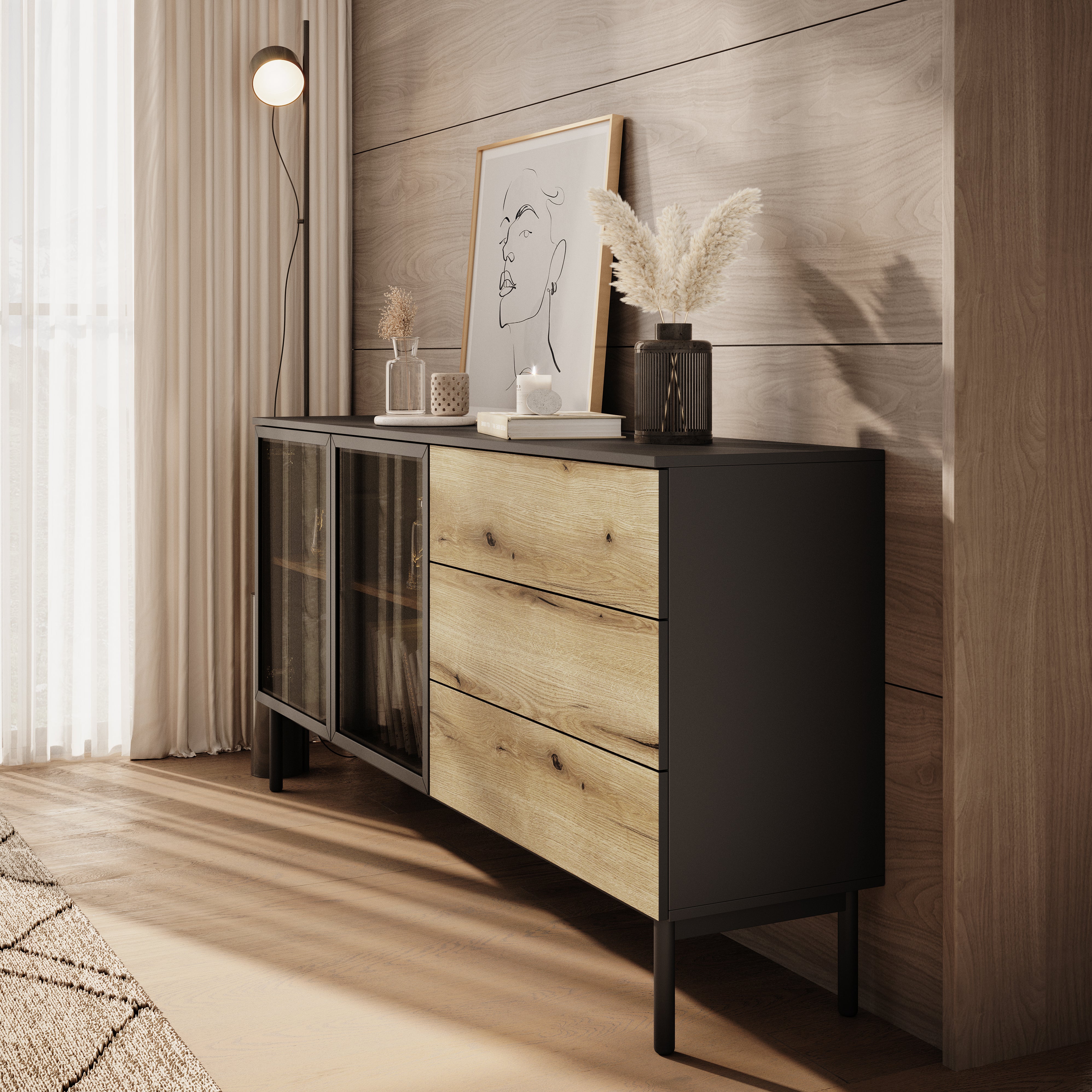 Ludwig - Dressoir - Zwart/eiken - 180x39x85 cm