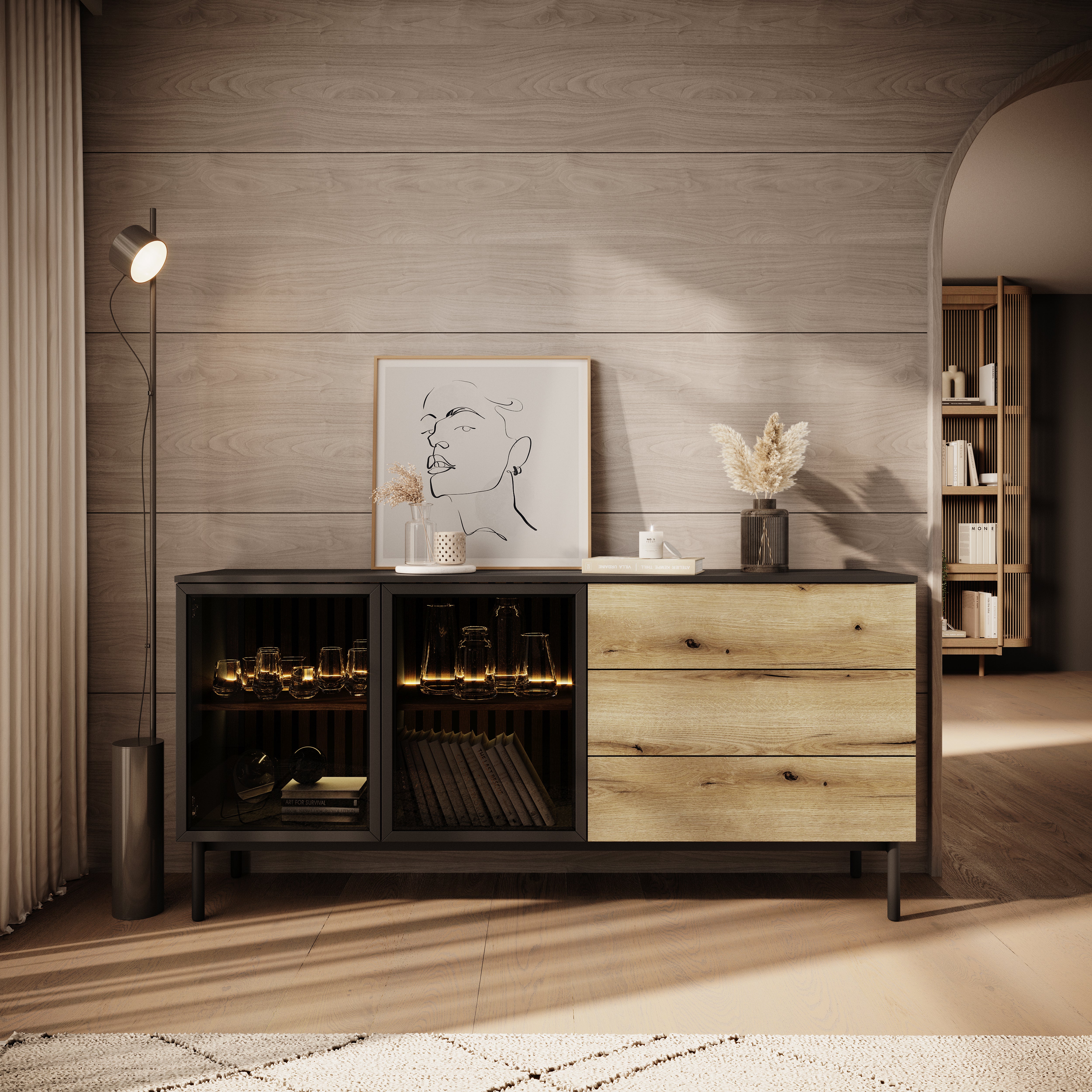 Ludwig - Dressoir - Zwart/eiken - 180x39x85 cm