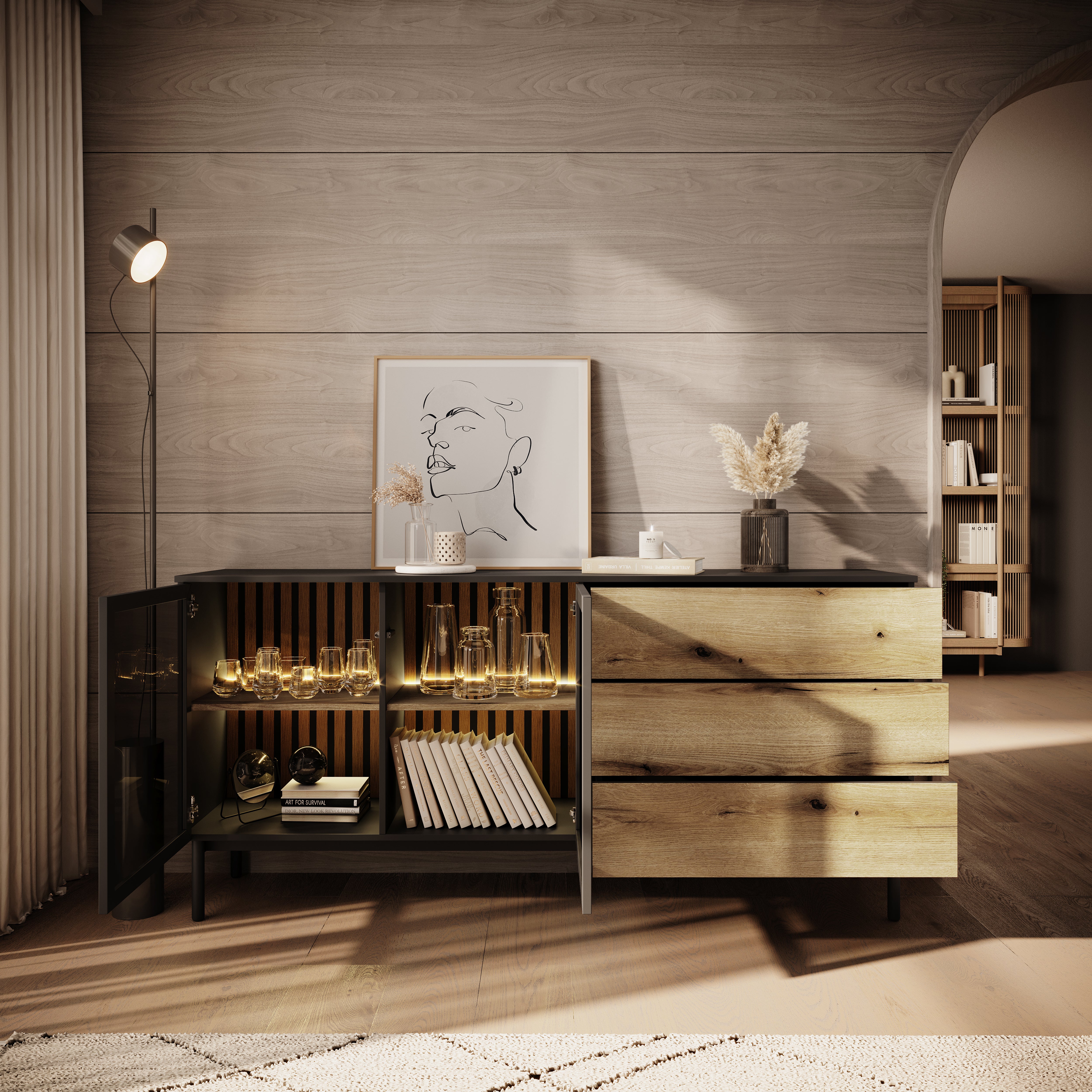 Ludwig - Dressoir - Zwart/eiken - 180x39x85 cm