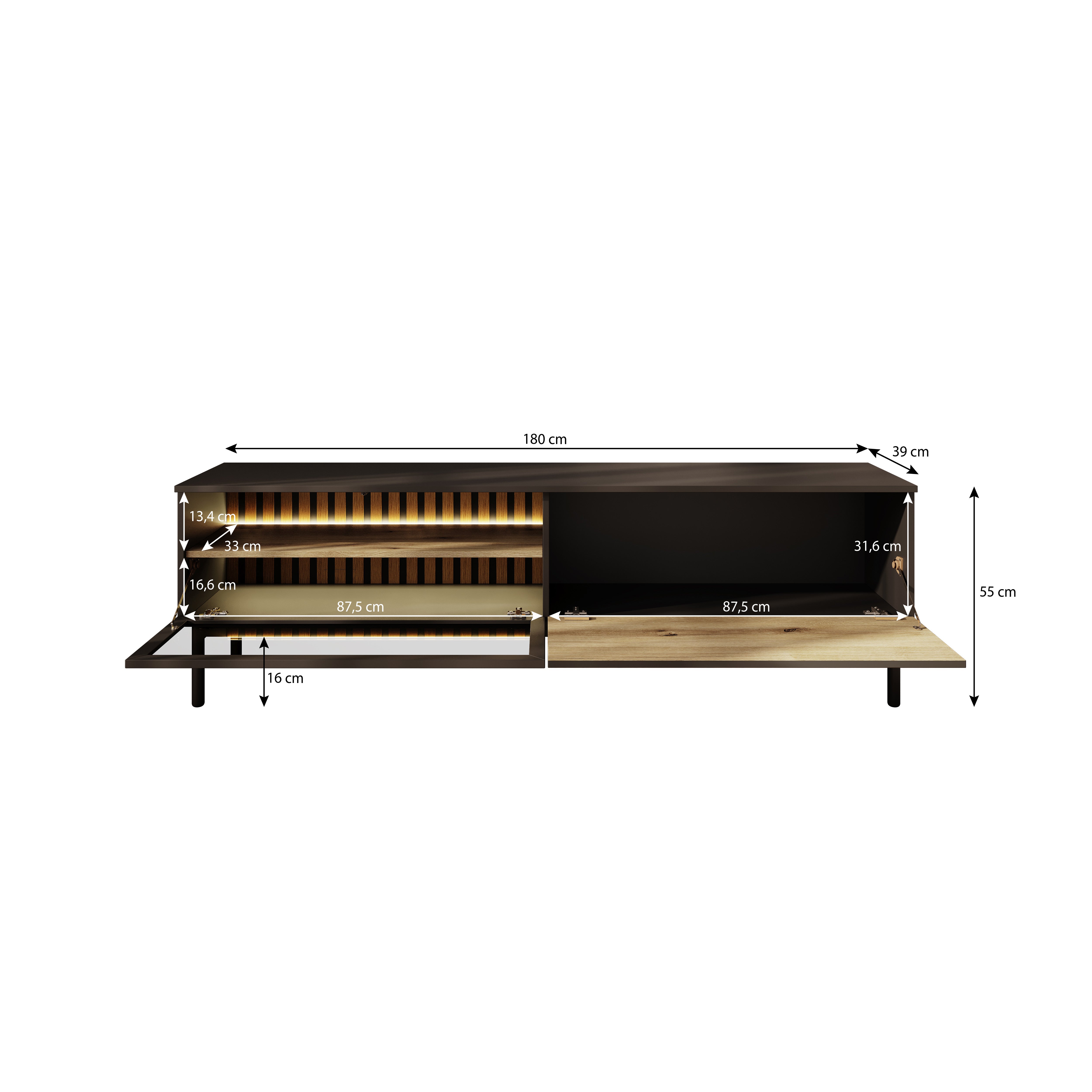 Ludwig - TV-Meubel met verlichting - Zwart/eiken - 180 cm
