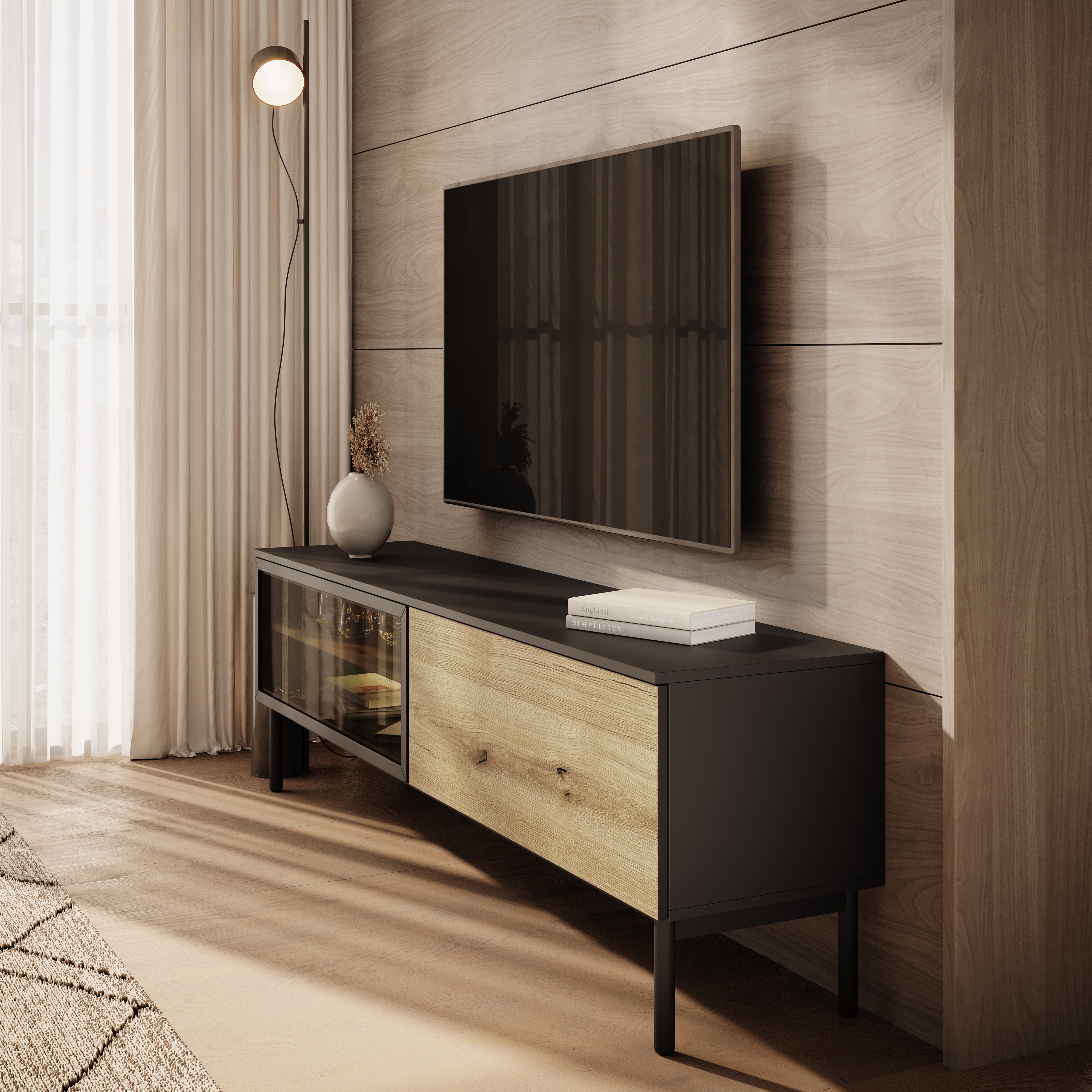 Ludwig - TV-Meubel met verlichting - Zwart/eiken - 180 cm
