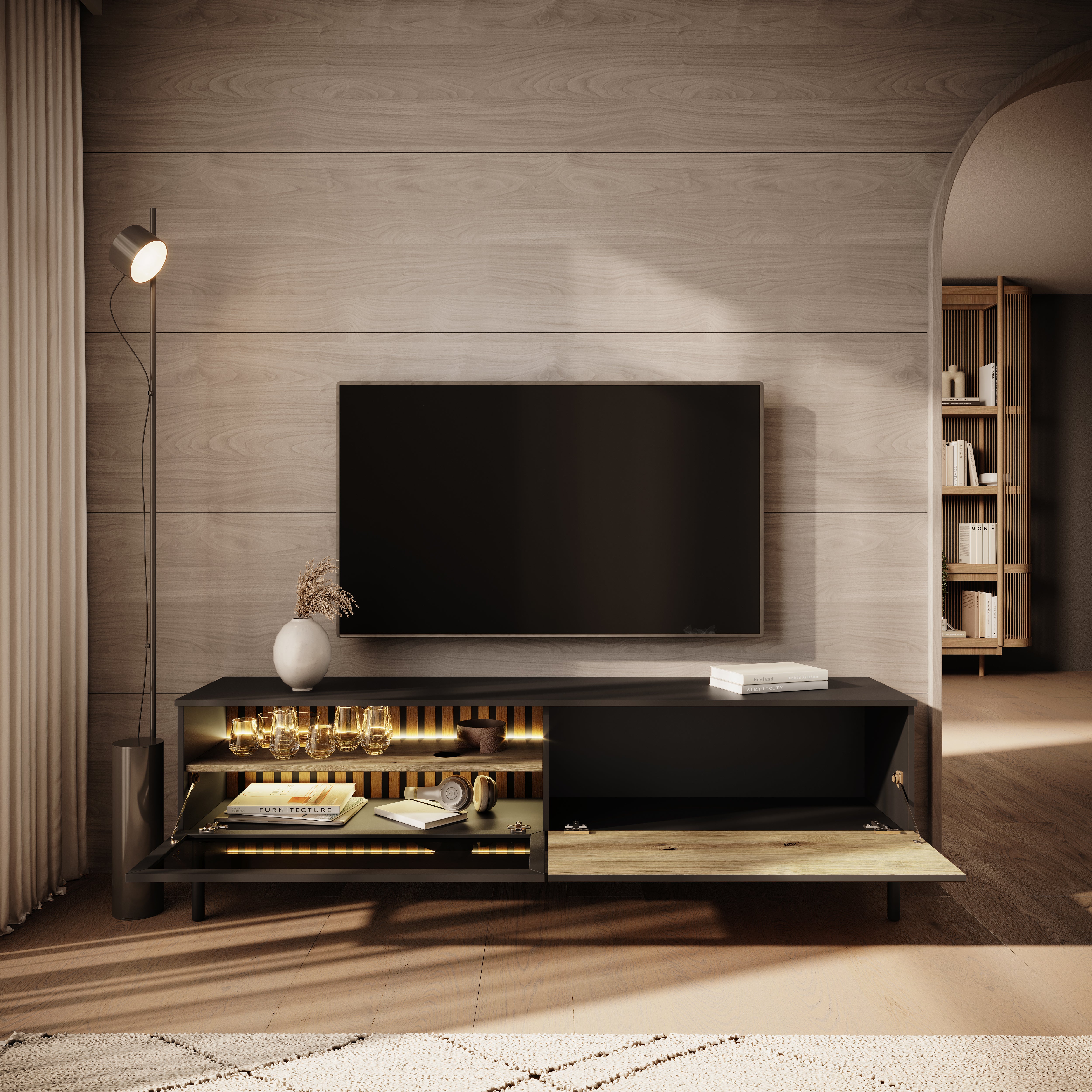 Ludwig - TV-Meubel met verlichting - Zwart/eiken - 180 cm