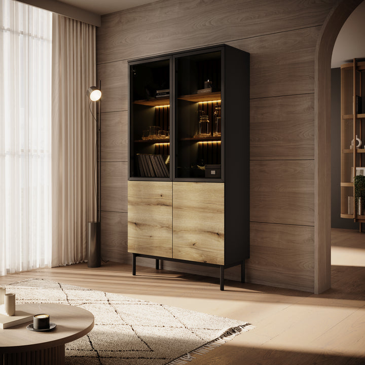 Ludwig - Vitrinekast - Zwart/eiken - 100x39x188 cm