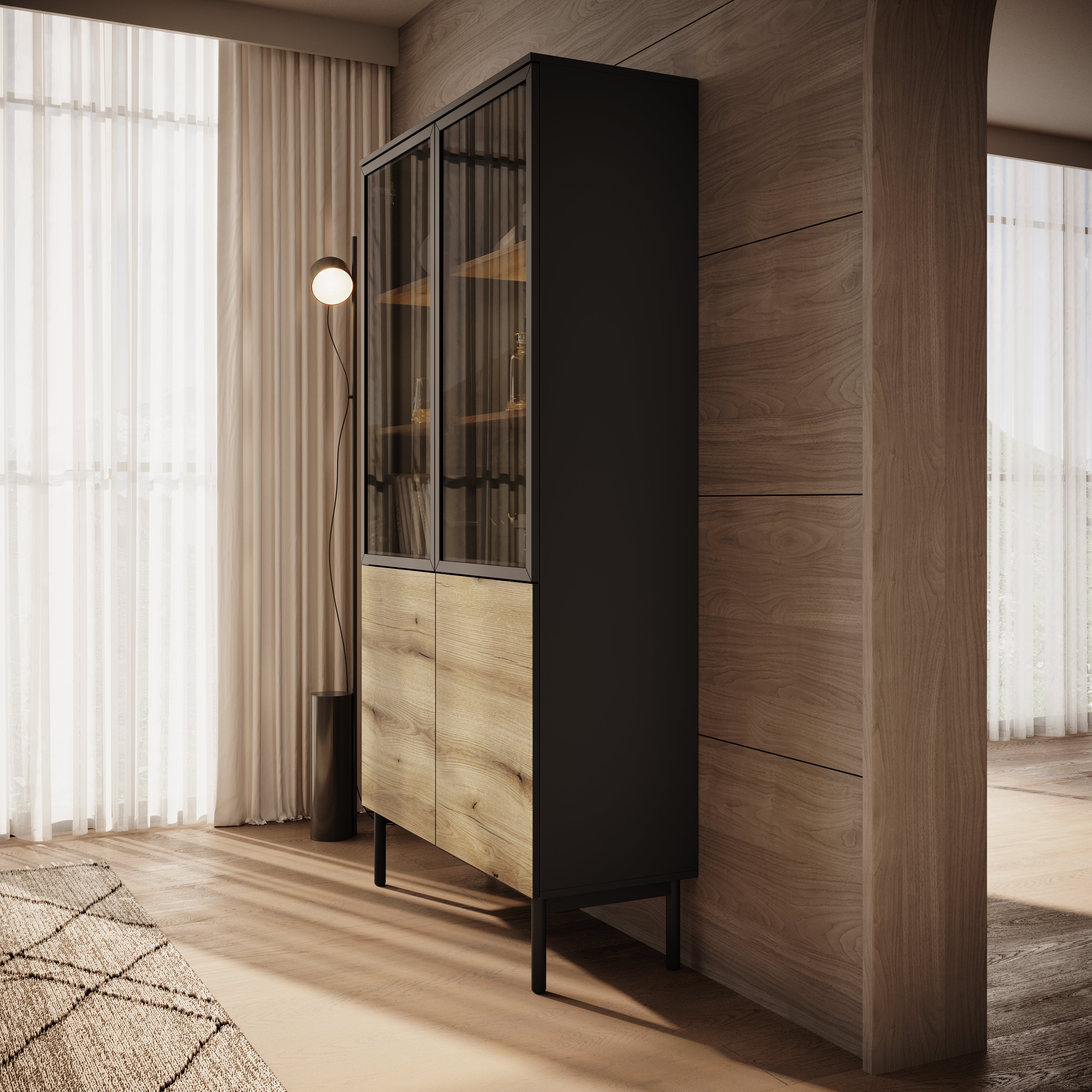 Ludwig - Vitrinekast - Zwart/eiken - 100x39x188 cm
