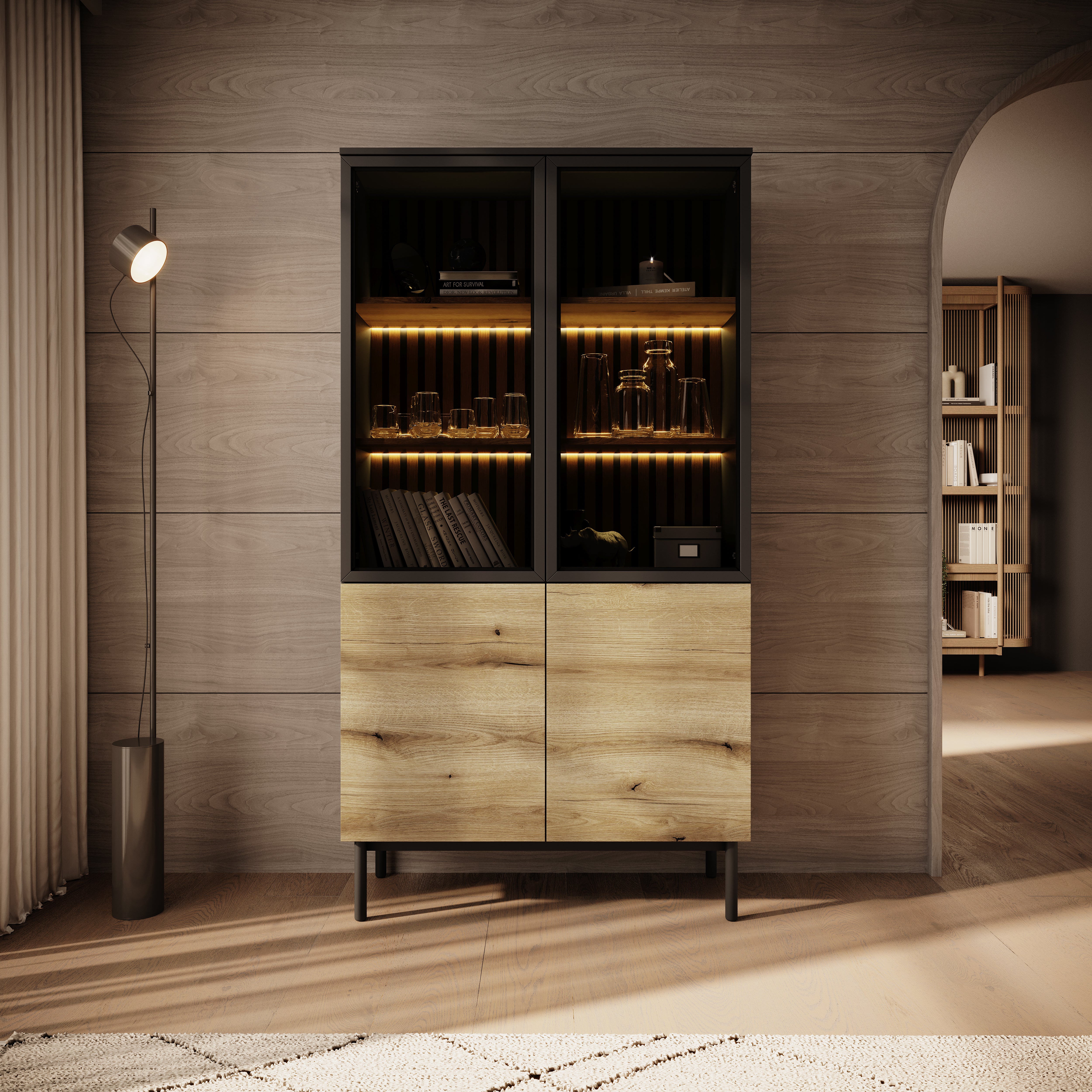 Ludwig - Vitrinekast - Zwart/eiken - 100x39x188 cm