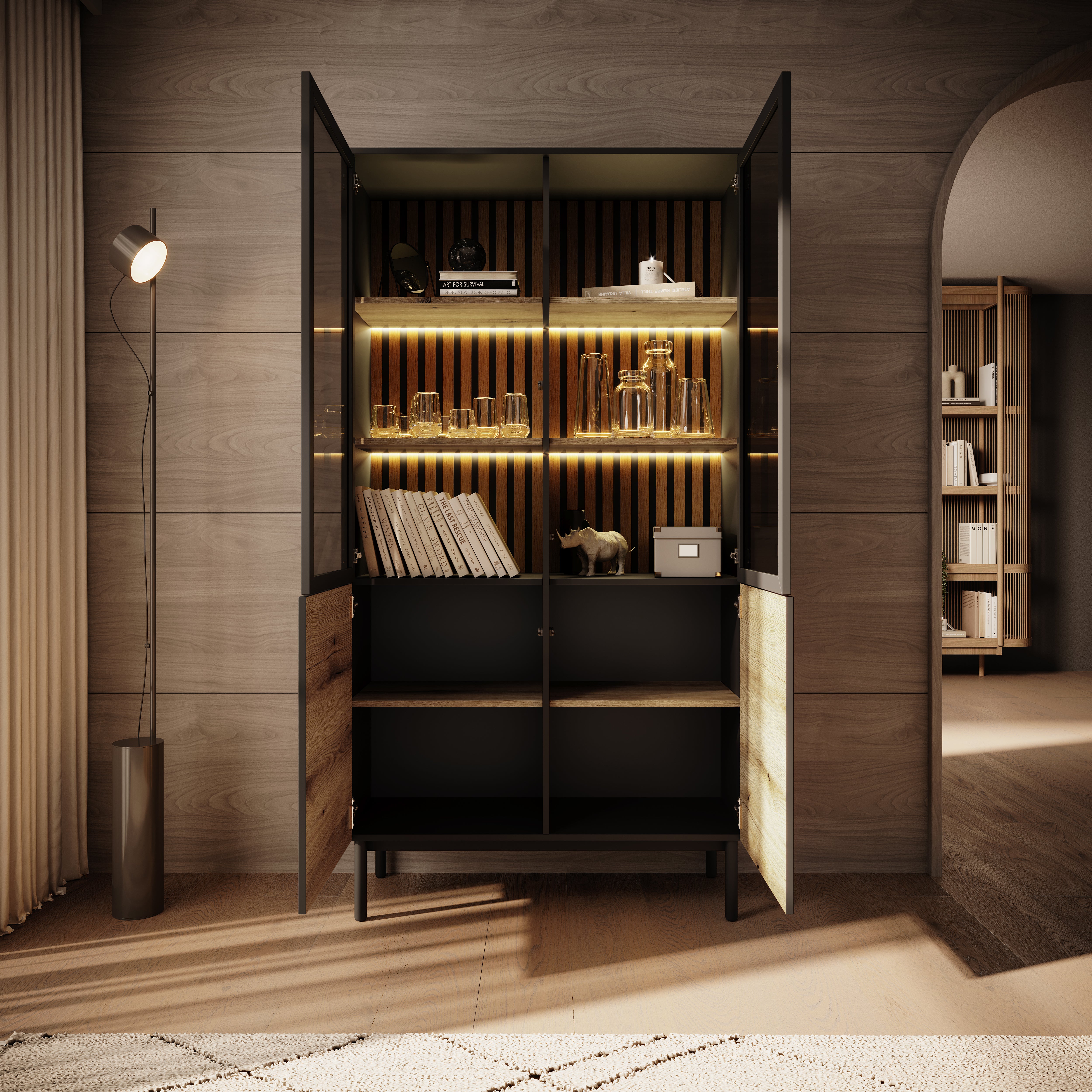 Ludwig - Vitrinekast - Zwart/eiken - 100x39x188 cm