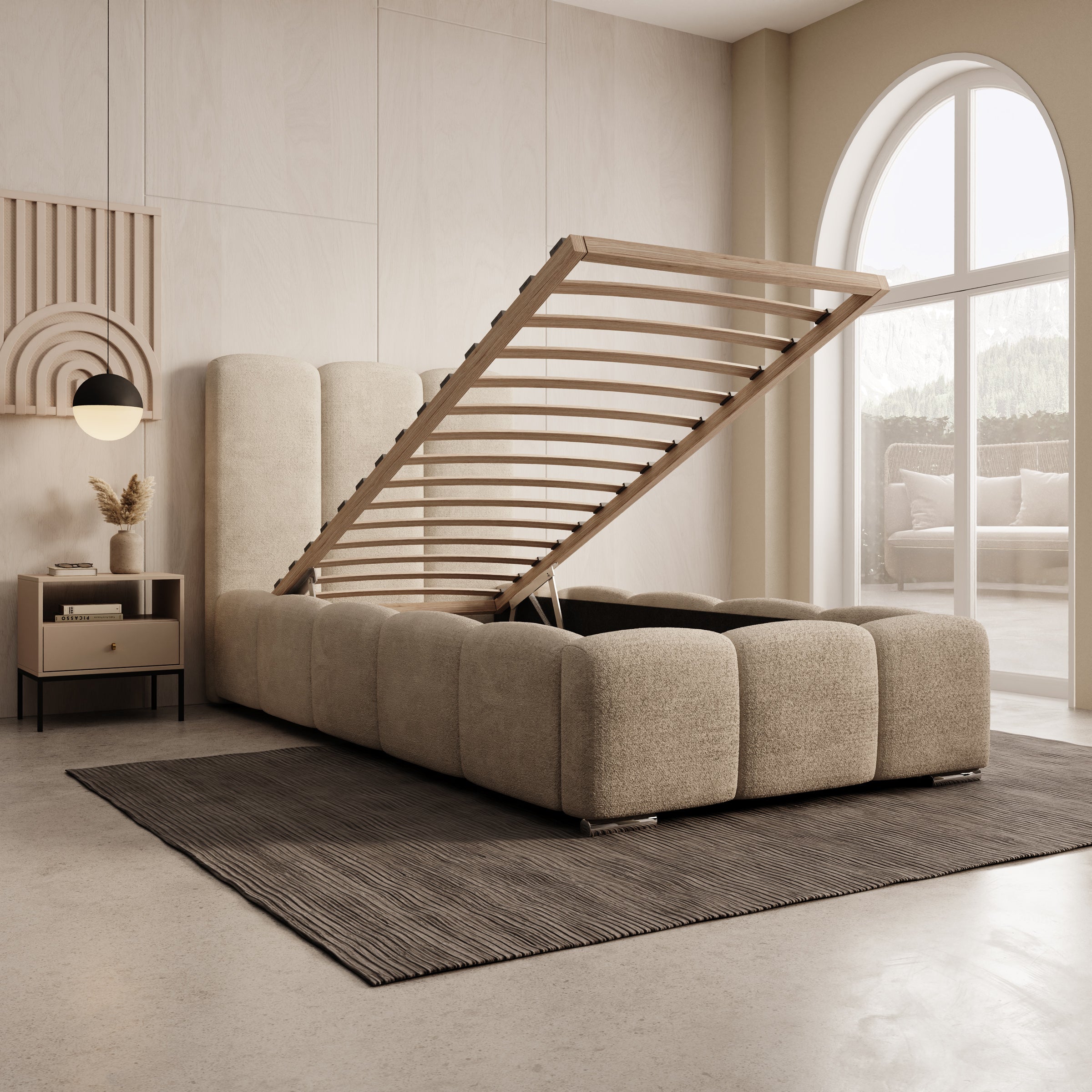 Lumo - Eenpersoonsbed met opbergruimte - Teddystof beige - 90x200 cm
