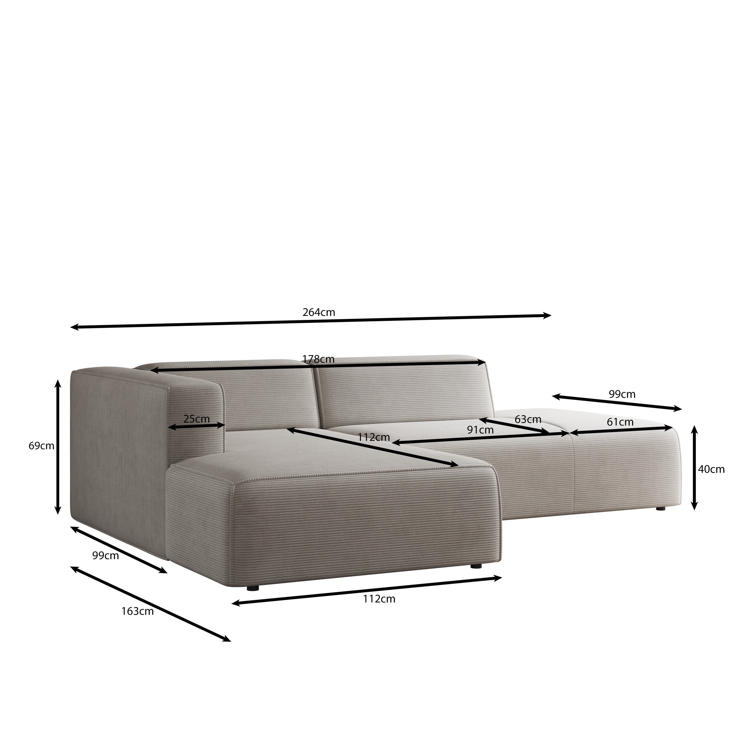 Lumvar - Hoekbank 3-zits met chaise longue - Ribstof beige - Links