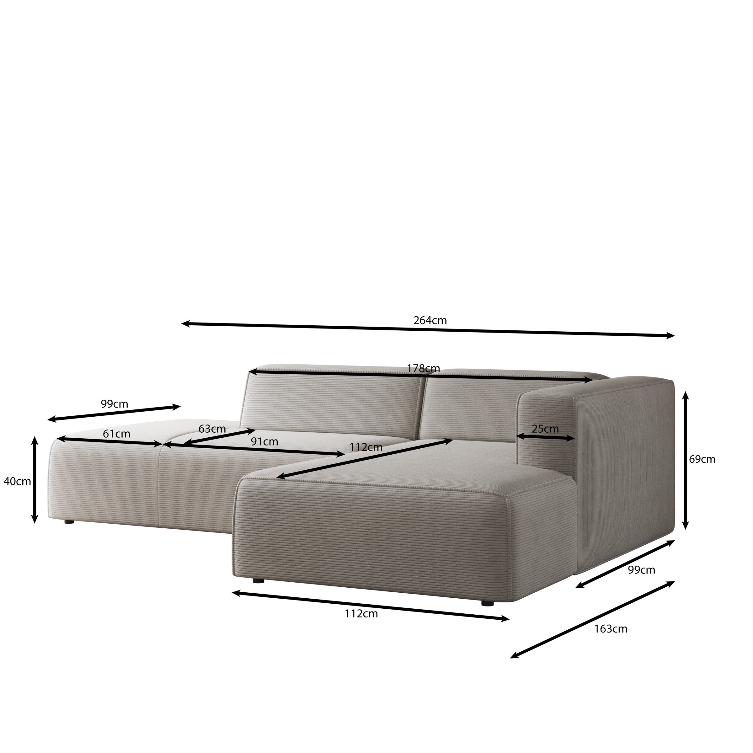 Lumvar - Hoekbank 3-zits met chaise longue - Ribstof beige - Rechts
