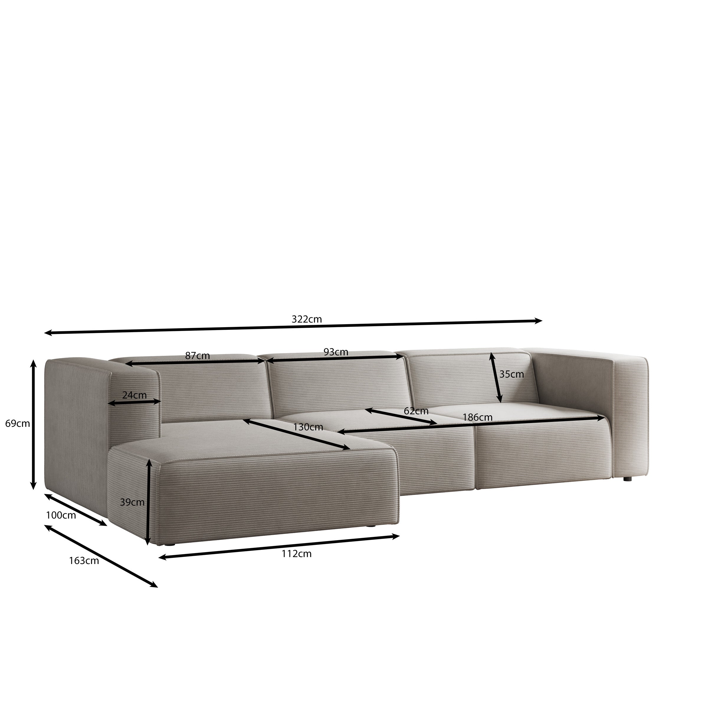 Lumvar L - Hoekbank 4-zits met chaise longue - Ribstof beige - Links