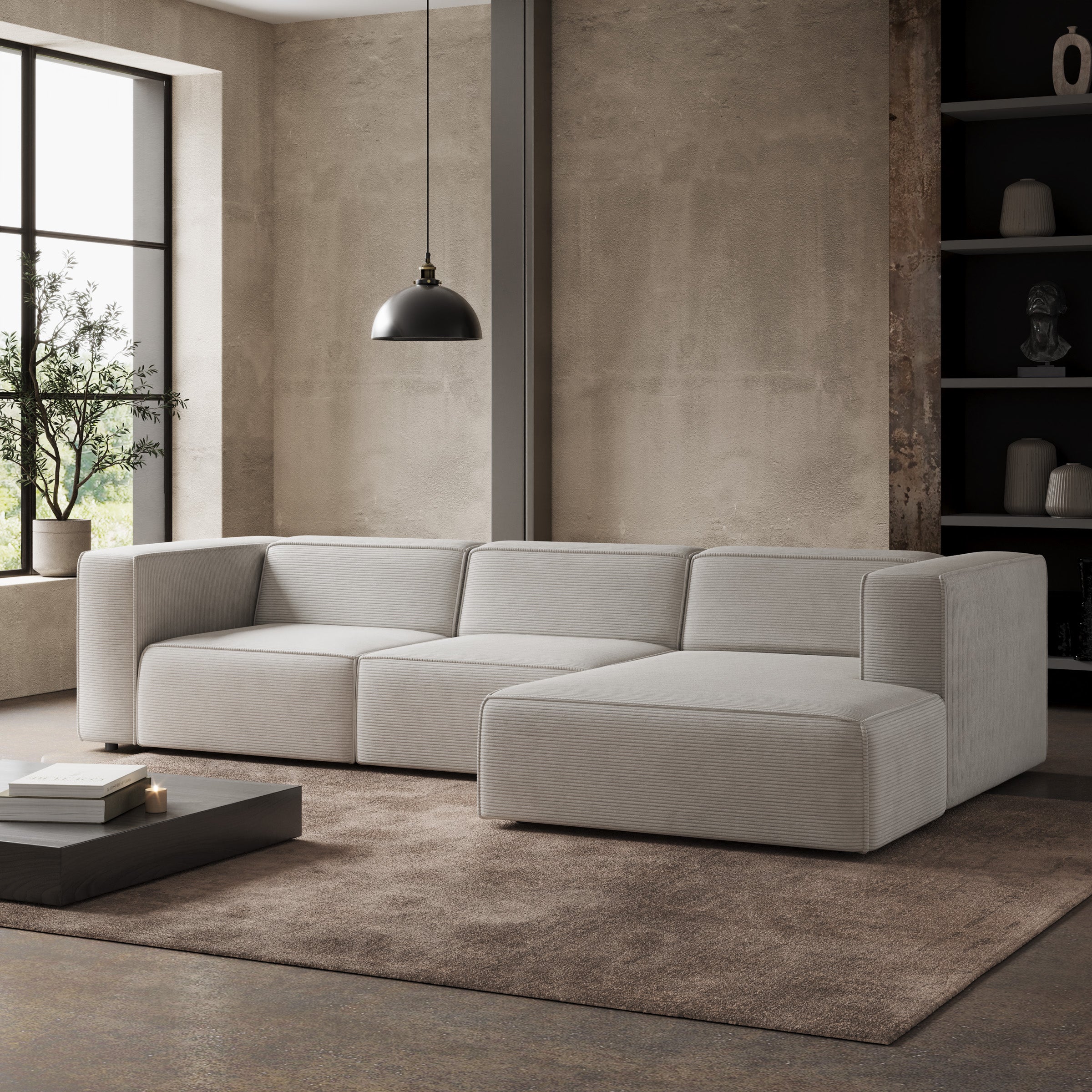 Lumvar L - Hoekbank 4-zits met chaise longue - Ribstof beige - Rechts