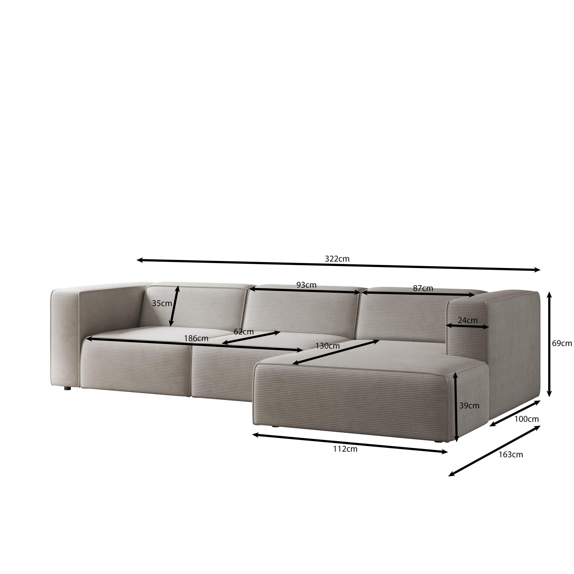 Lumvar L - Hoekbank 4-zits met chaise longue - Ribstof beige - Rechts