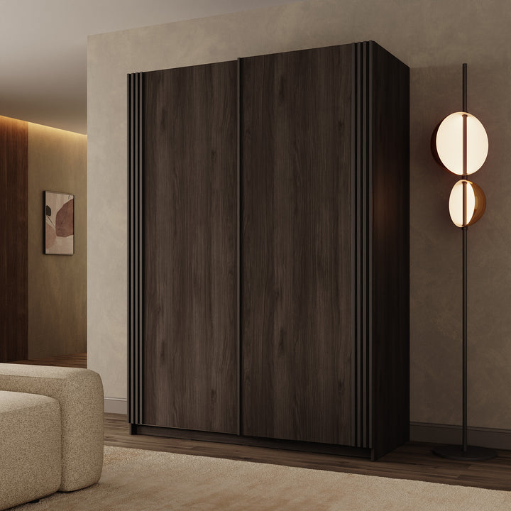 Lurea - Kledingkast met schuifdeuren - Donker eikenpatroon - 150x61x210 cm