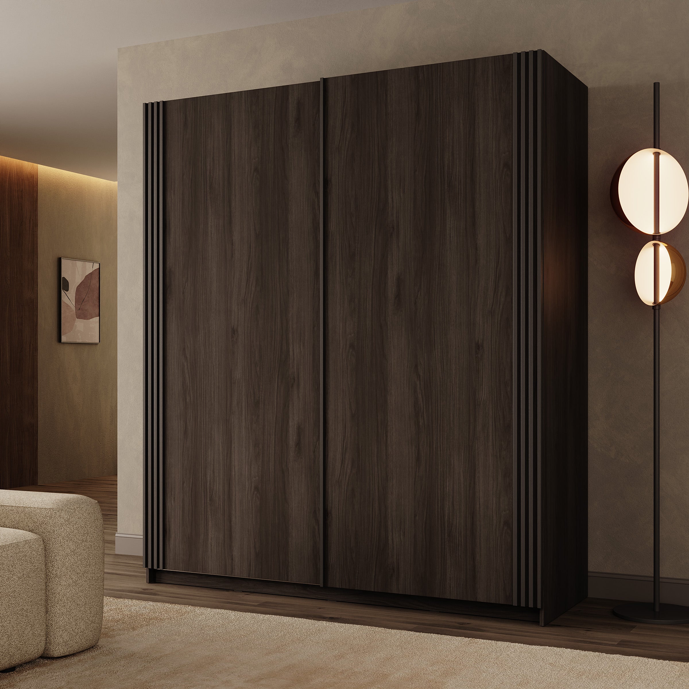 Lurea - Kledingkast met schuifdeuren - Donker eikenpatroon - 180x61x210 cm