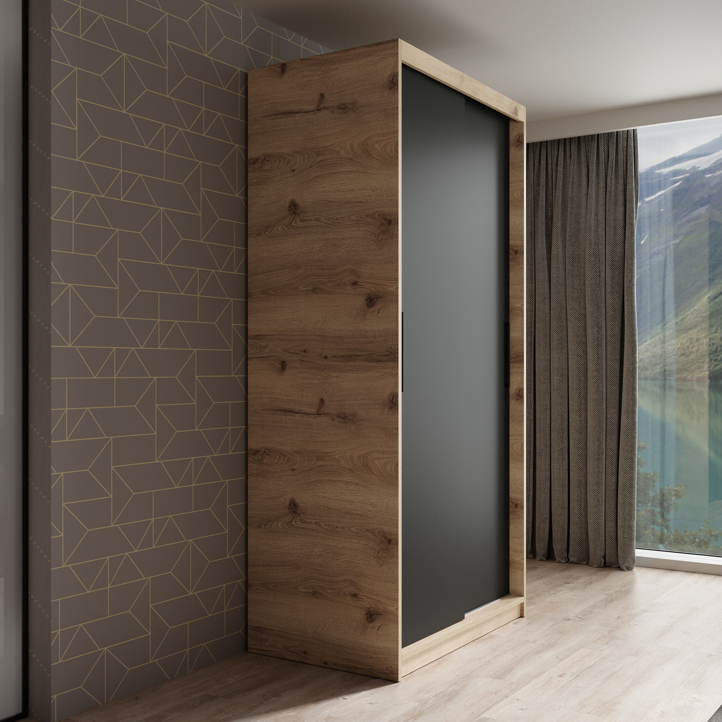 Luxor - Kledingkast met schuifdeuren - Zwart/eiken - 100x62x200 cm