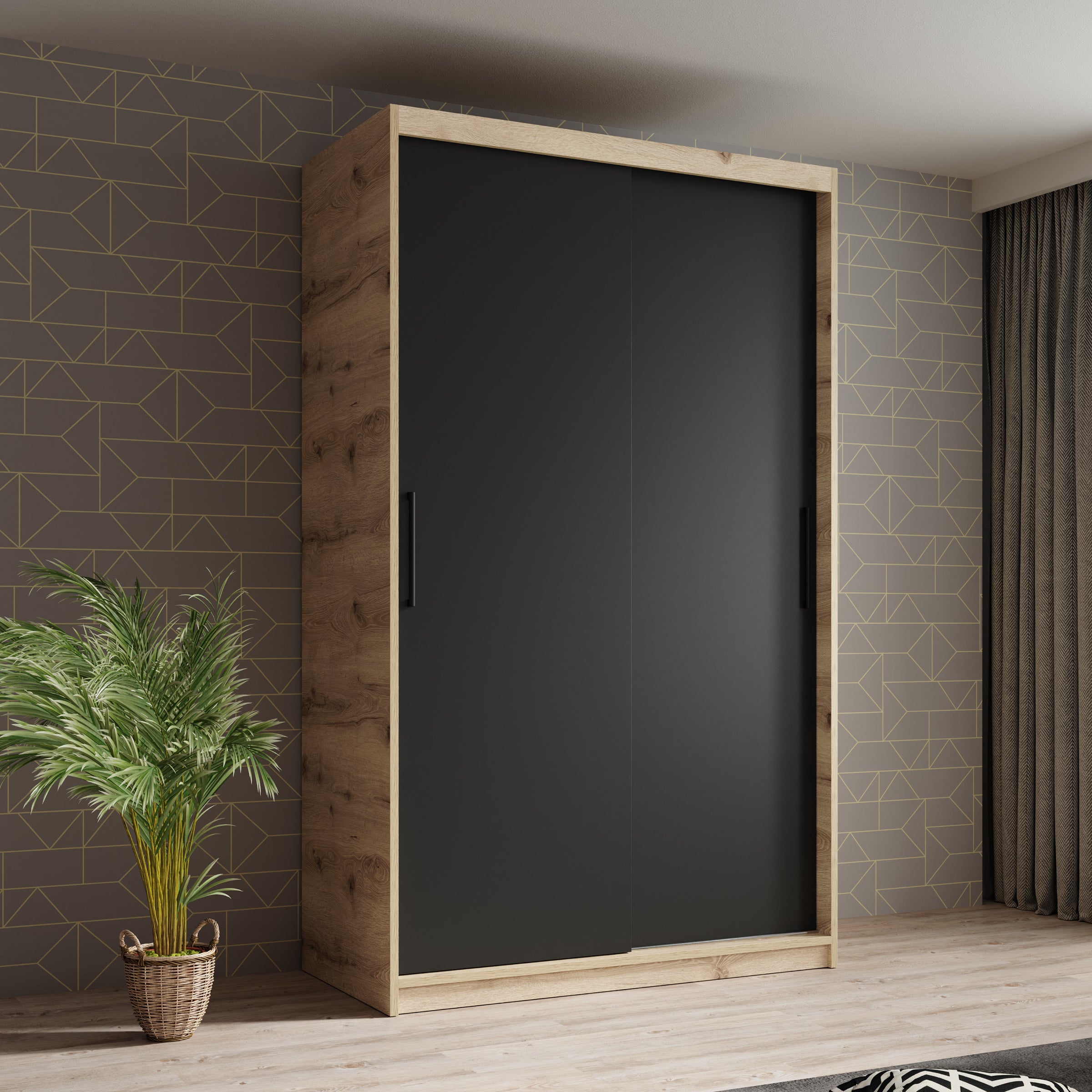 Luxor - Kledingkast met schuifdeuren - Zwart/eiken - 120x62x200 cm