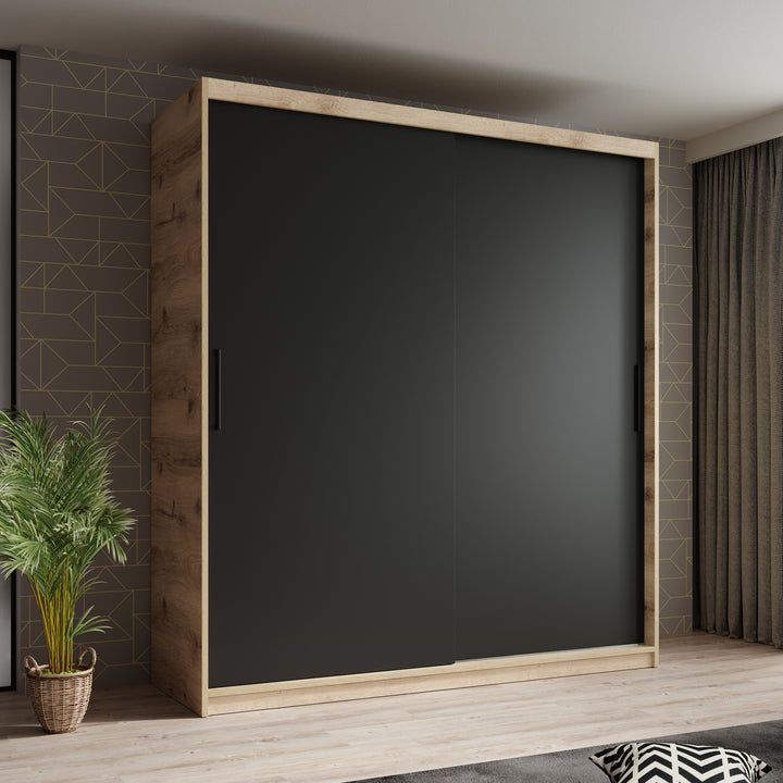Luxor - Kledingkast met schuifdeuren - Zwart/eiken - 180x62x200 cm
