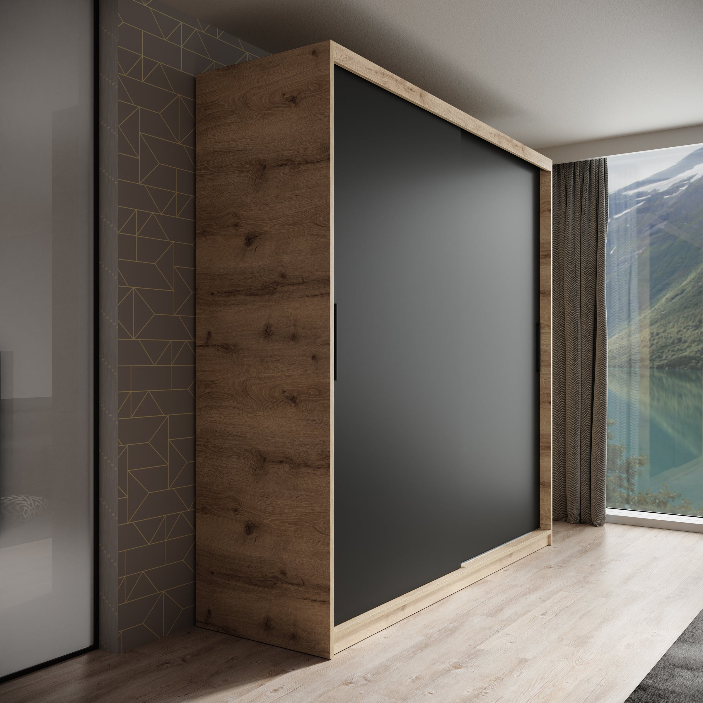 Luxor - Kledingkast met schuifdeuren - Zwart/eiken - 200x62x200 cm