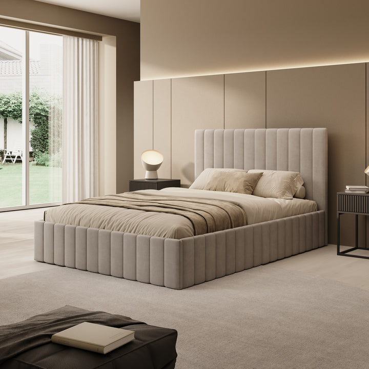 Luz - Tweepersoonsbed met opbergruimte - Beige velvet - 140x200 cm