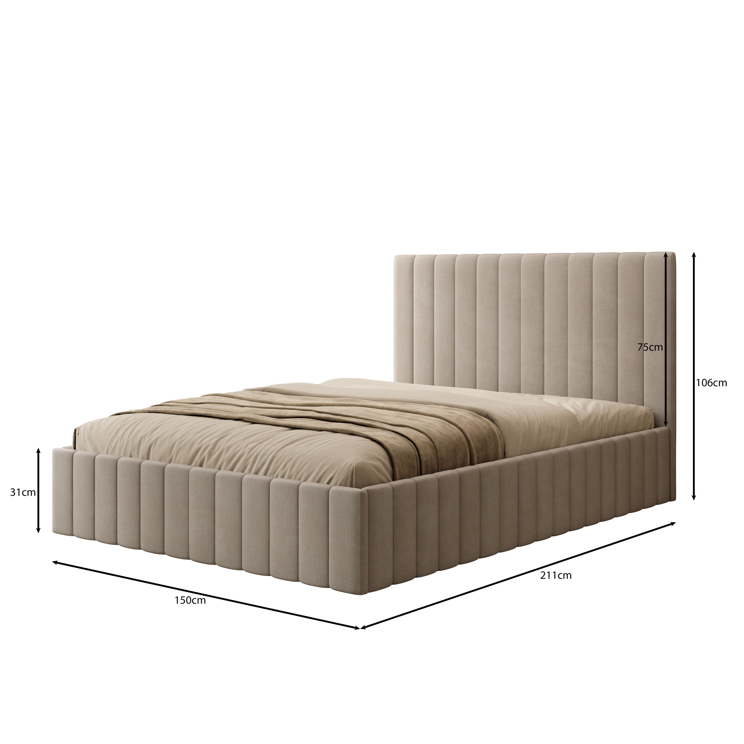Luz - Tweepersoonsbed met opbergruimte - Beige velvet - 140x200 cm